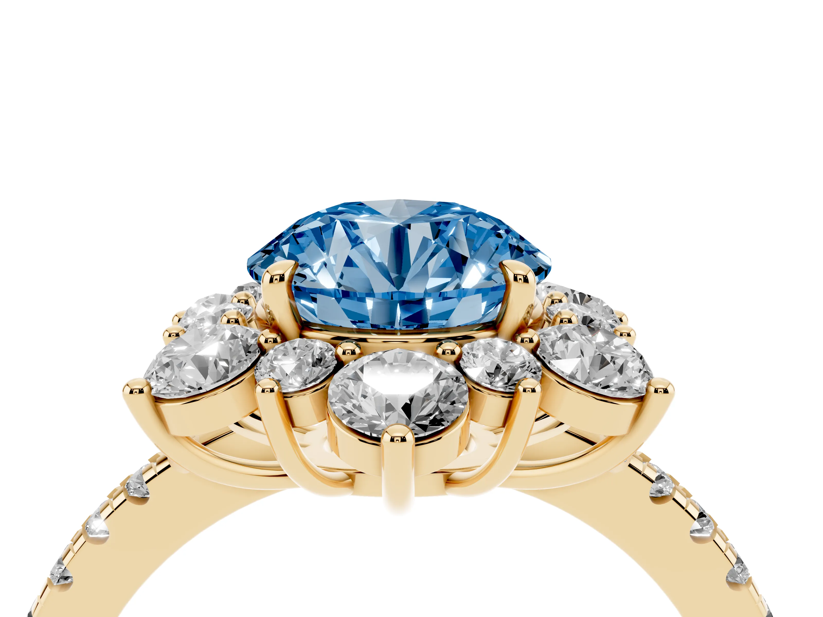 Fancy Blue Round Cut Diamond Floral Halo Ring Set in Yellow gold with Round Pavé Band and Prong Setting