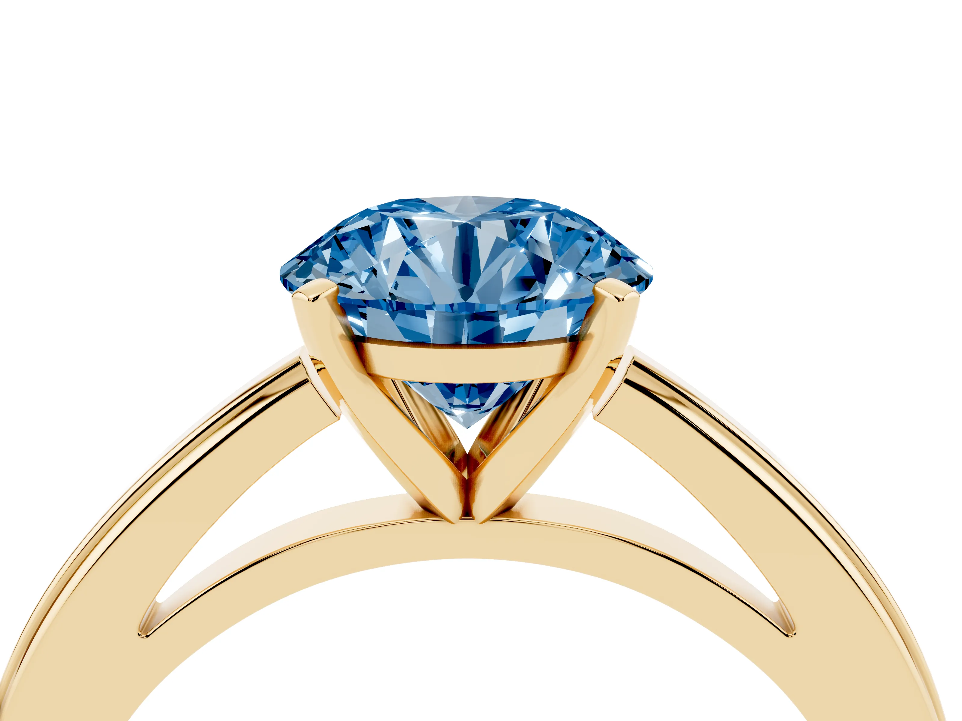 Fancy Blue Round Cut Diamond Solitaire Ring Set in Yellow gold with Prong Setting and Classic Band