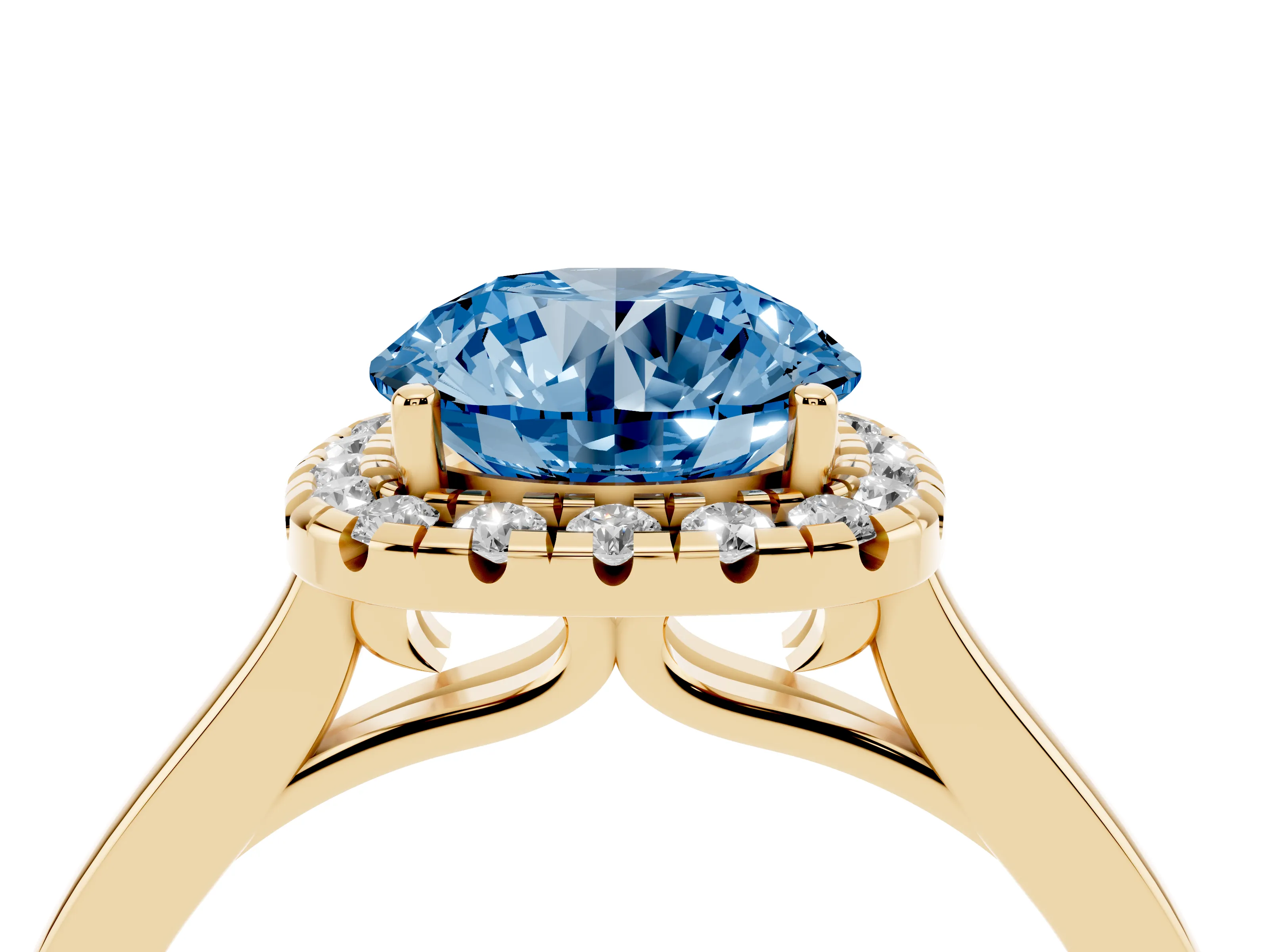 Fancy Blue Round Cut Halo Round Diamond Solitaire Ring Set in Yellow gold with Pavé Band and Prong Setting