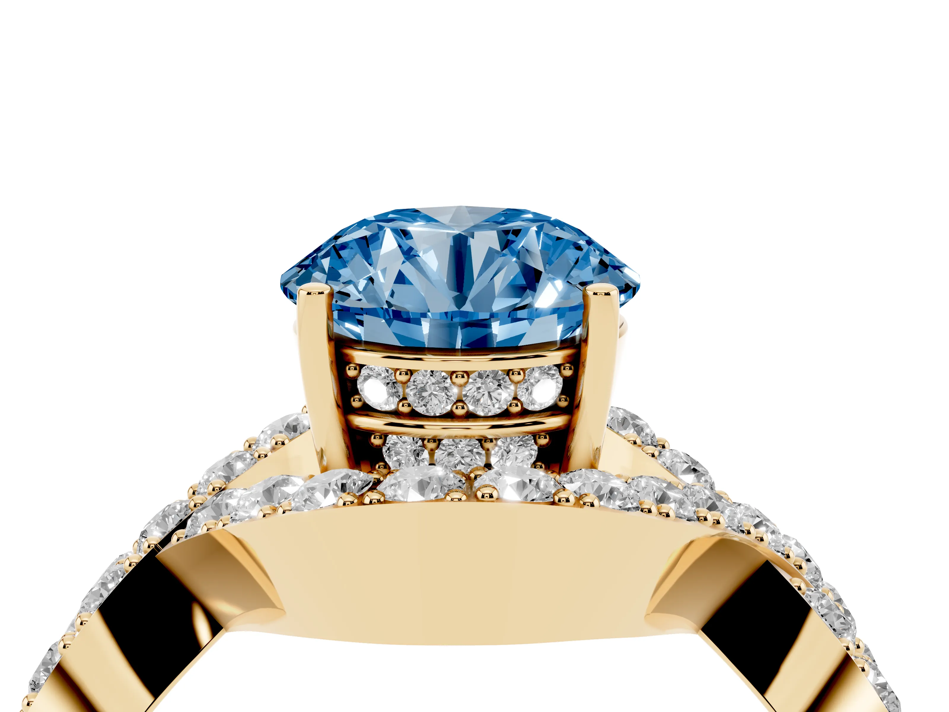 Fancy Blue Round Cut Diamond Solitaire Twist Band Pavé Engagement Ring Set in Yellow gold
