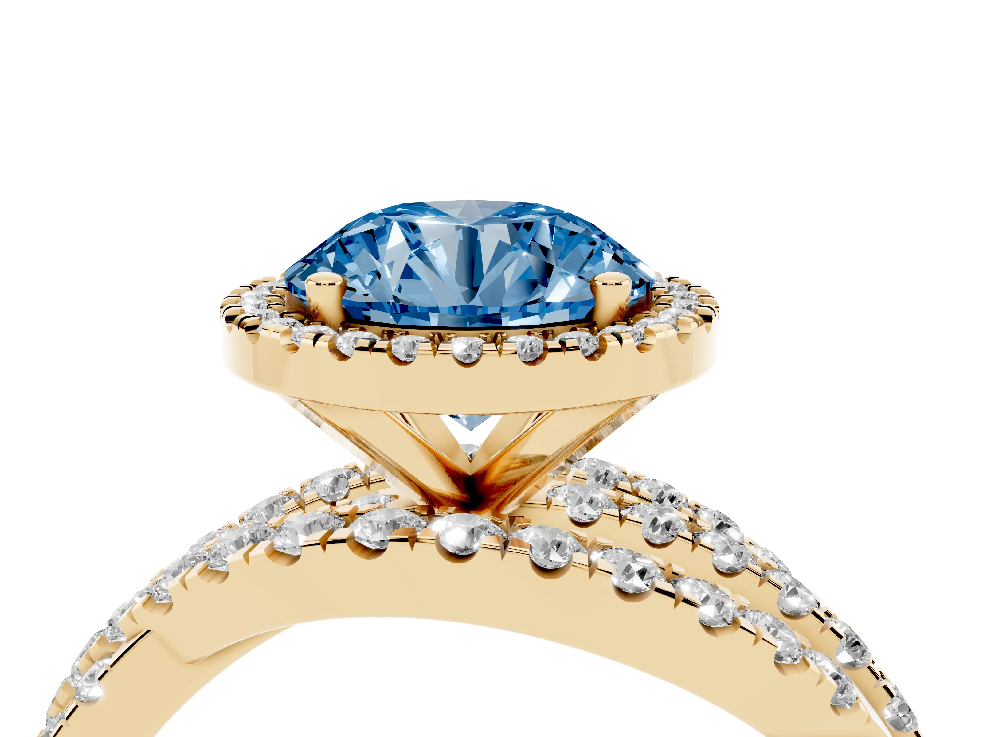 Fancy Blue Round Cut Diamond Halo Ring Set in Yellow gold with Round Crossover Split Shank and Prong Setting