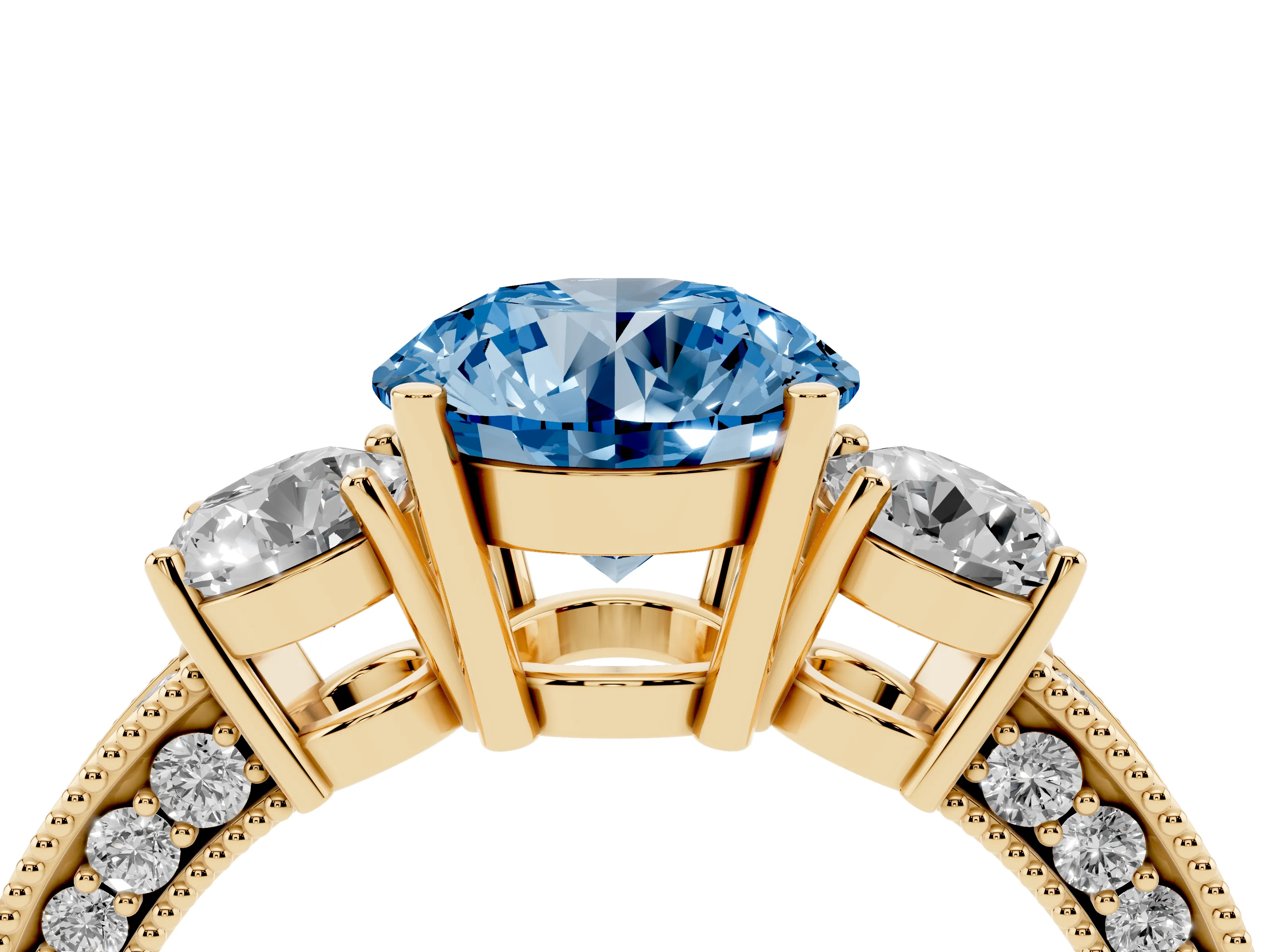 Fancy Blue Round Cut Diamond Three-Stone Ring Set in Yellow gold with Round Side Stones and Pavé Band