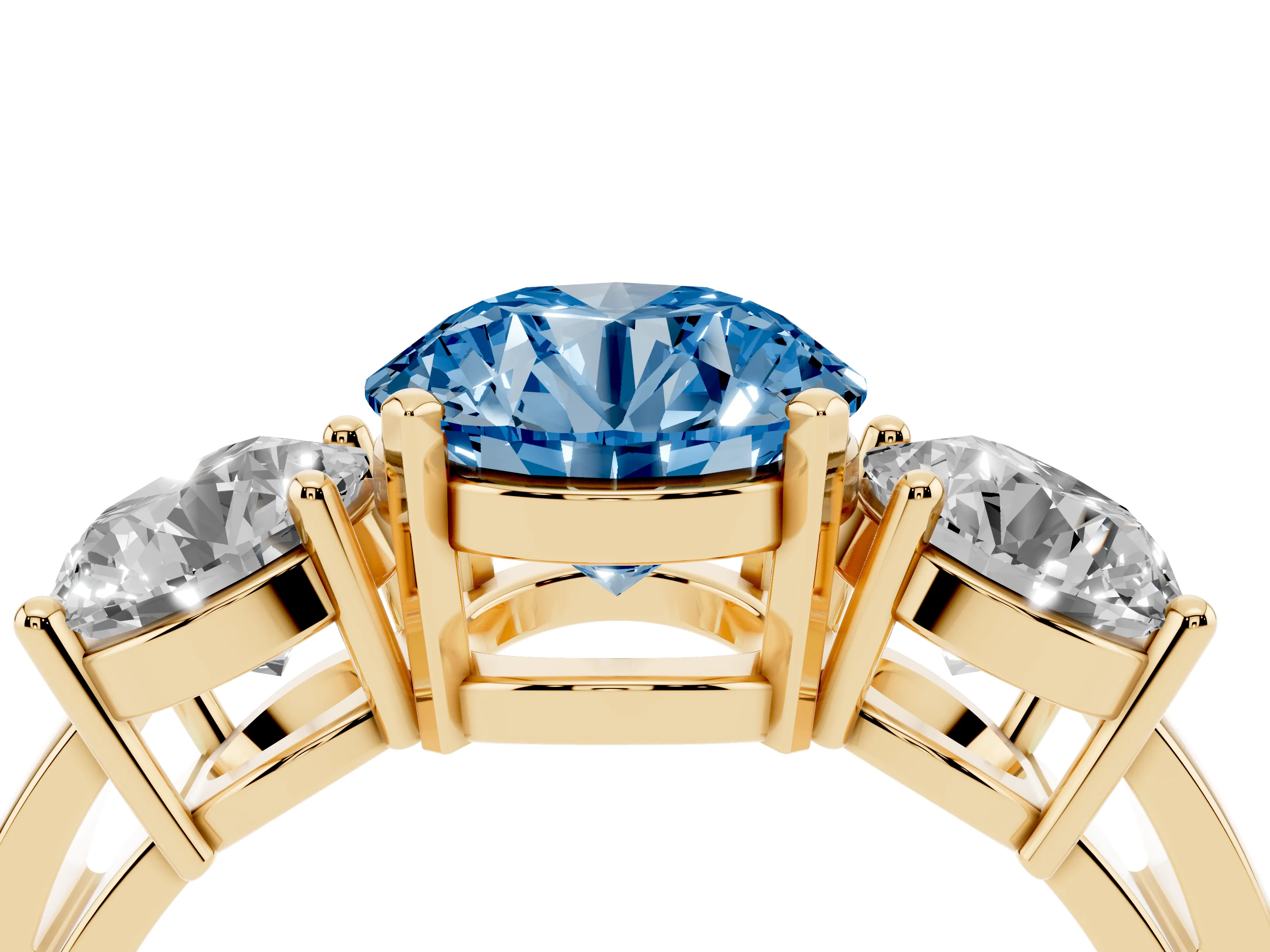 Fancy Blue Round Cut Diamond Three-Stone Ring Set in Yellow gold with Round Side Stones and Classic Band