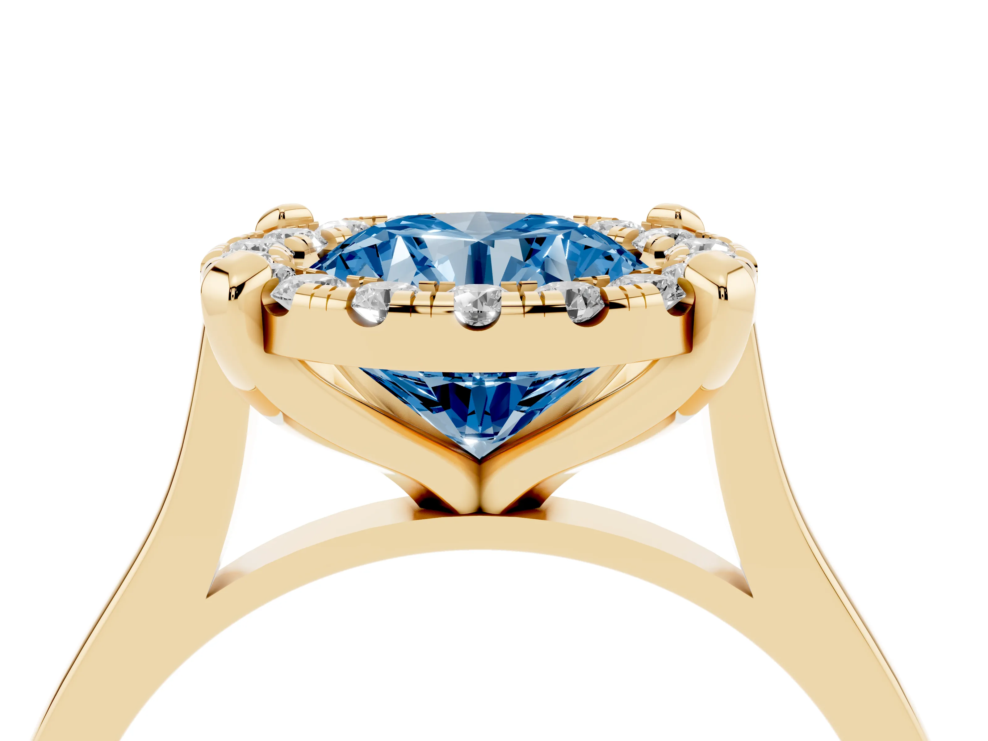 Fancy Blue Round Cut Diamond Cluster Halo Solitaire Ring Set in Yellow gold with Prong Setting