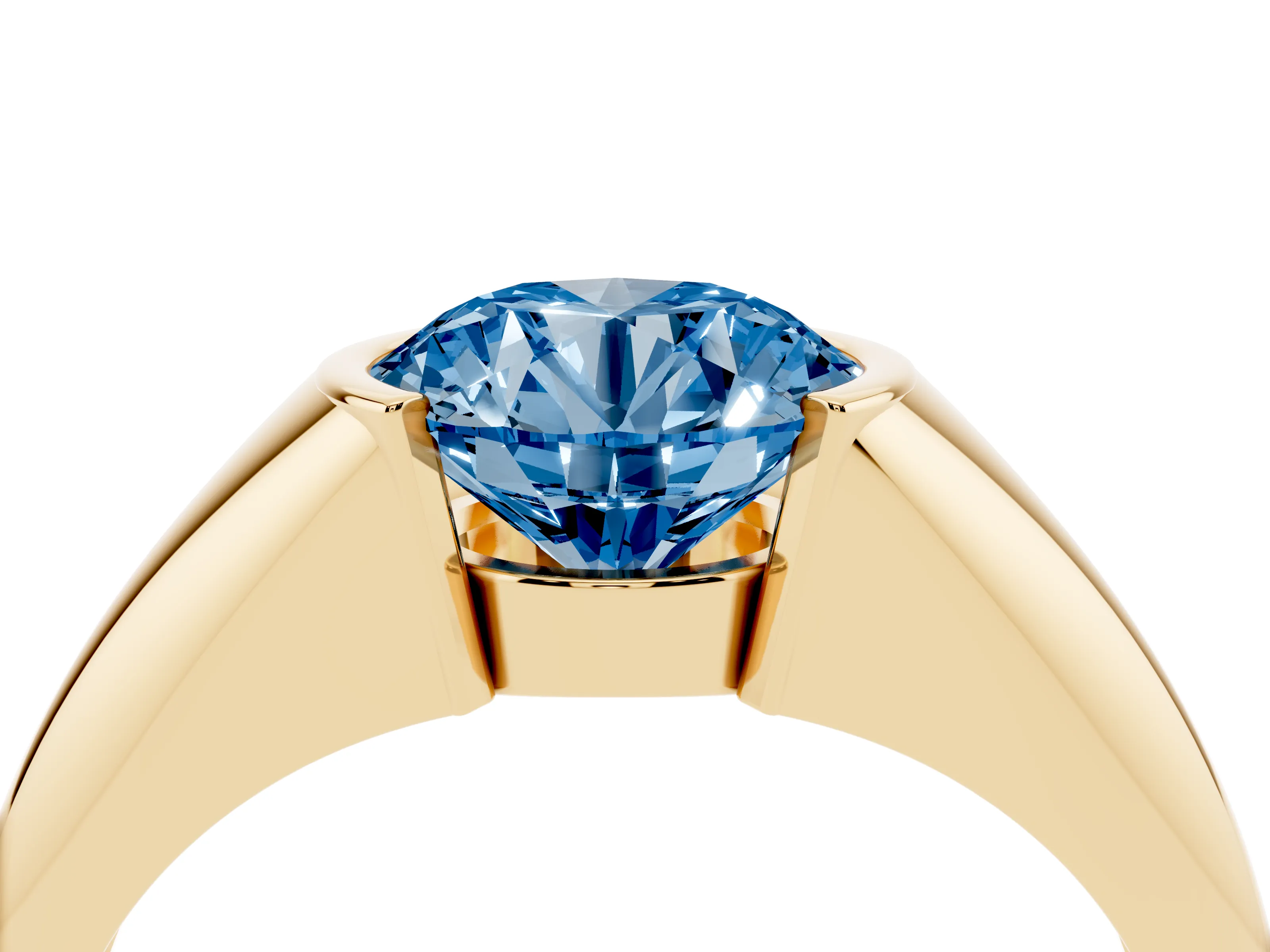 Fancy Blue Round Cut Diamond Solitaire Tension Set Ring Set in Yellow gold