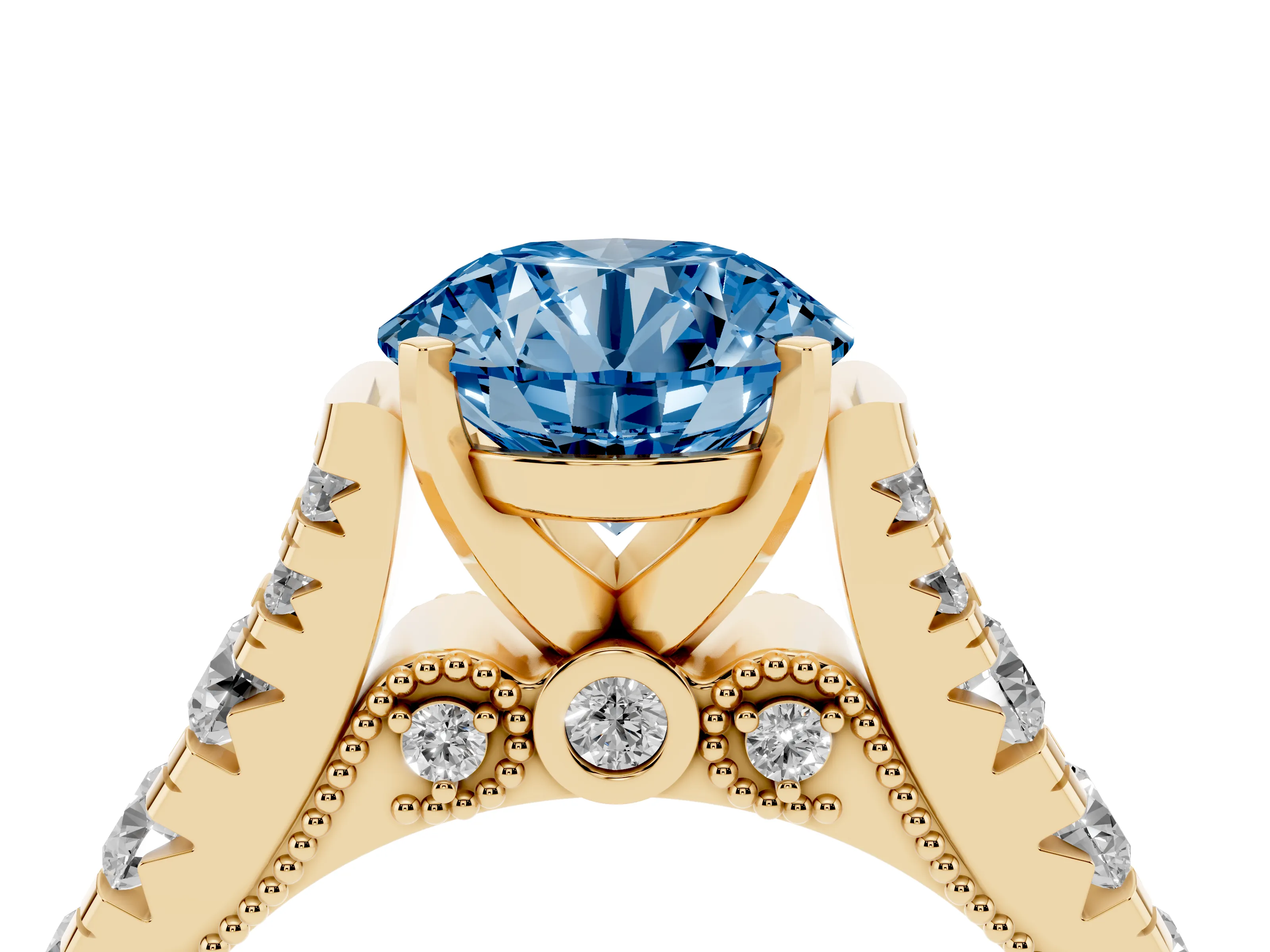 Fancy Blue Round Cut Diamond Classic Solitaire Ring Set in Yellow gold with Pavé Band and Prong Setting