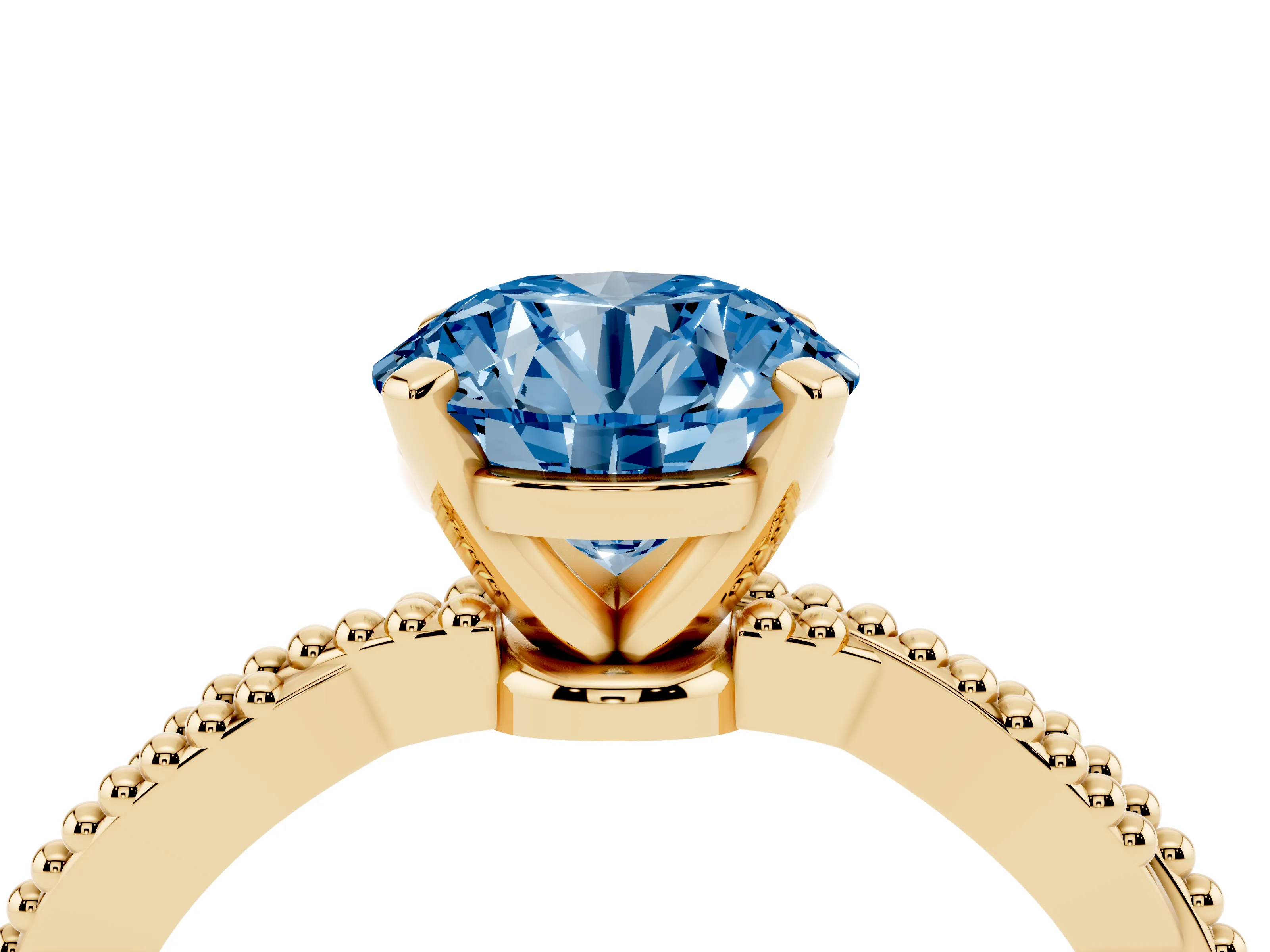 Fancy Blue Round Cut Diamond Solitaire Ring Set in Yellow gold with Twisted Band and Bead Prong Setting