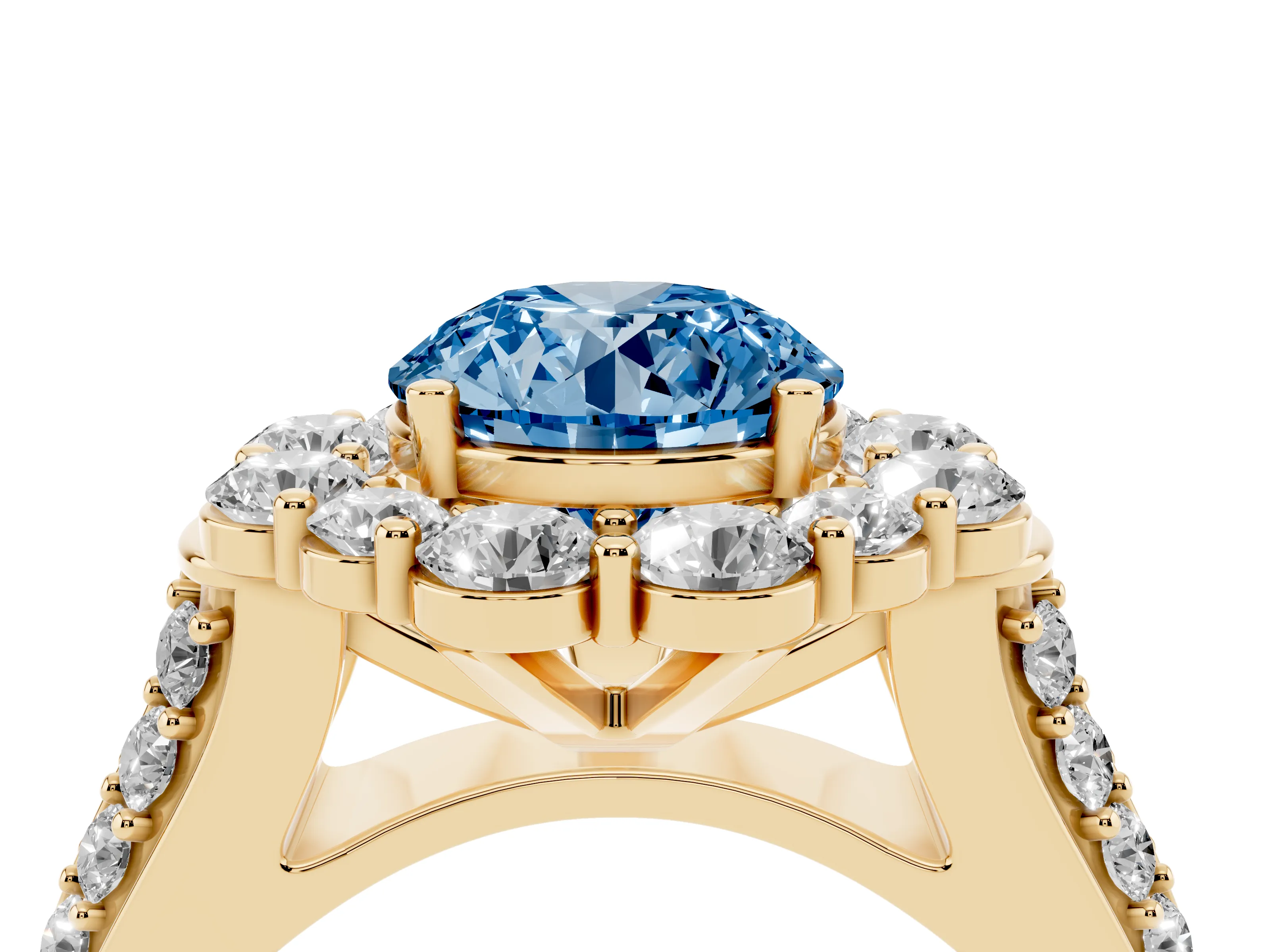 Fancy Blue Round Cut Diamond Halo Engagement Ring Set in Yellow gold with Split Shank and Prong Setting