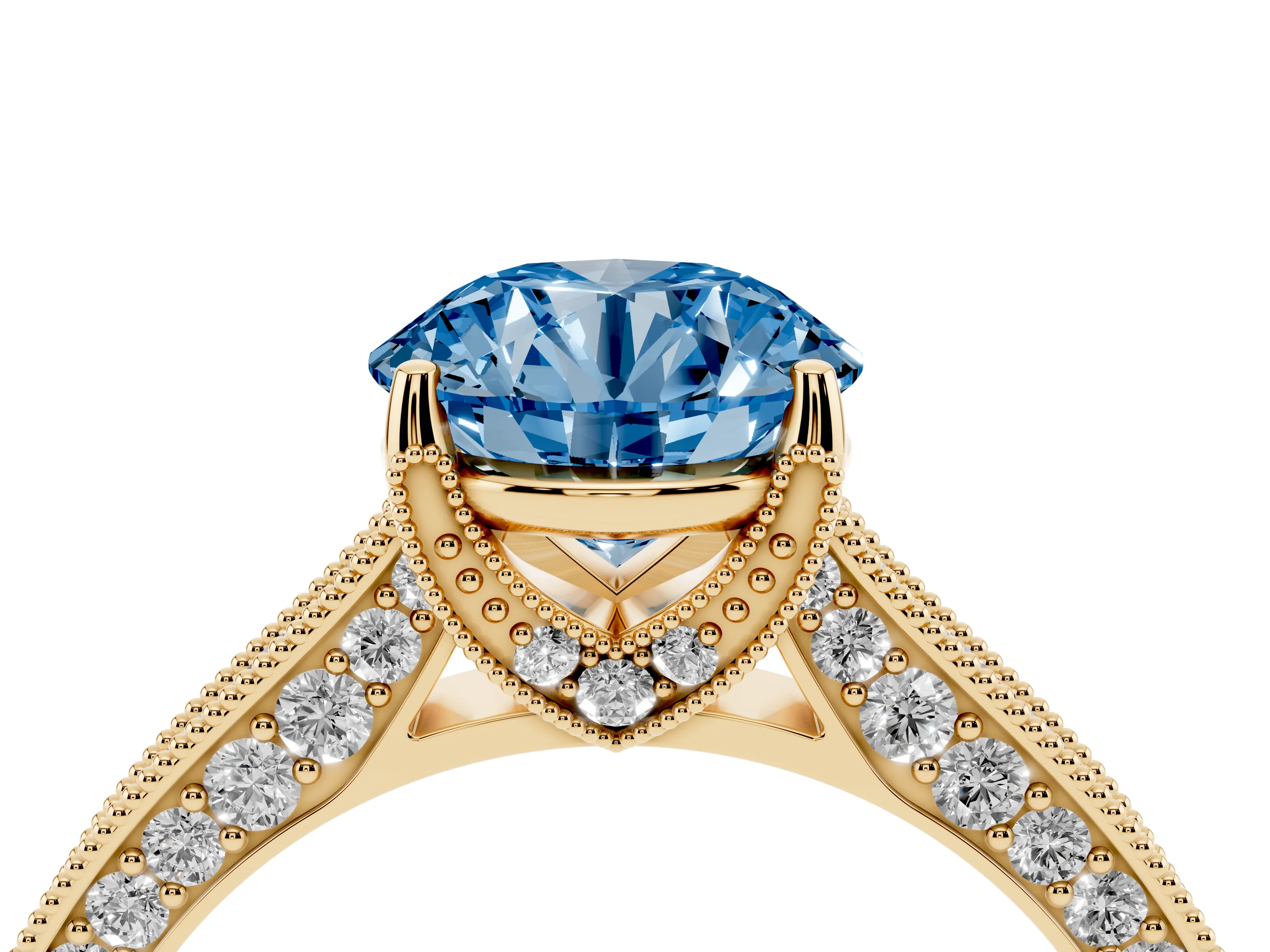 Fancy Blue Round Cut Diamond Solitaire Ring Set in Yellow gold with Milgrain-Edged Pavé Band and Prong Setting