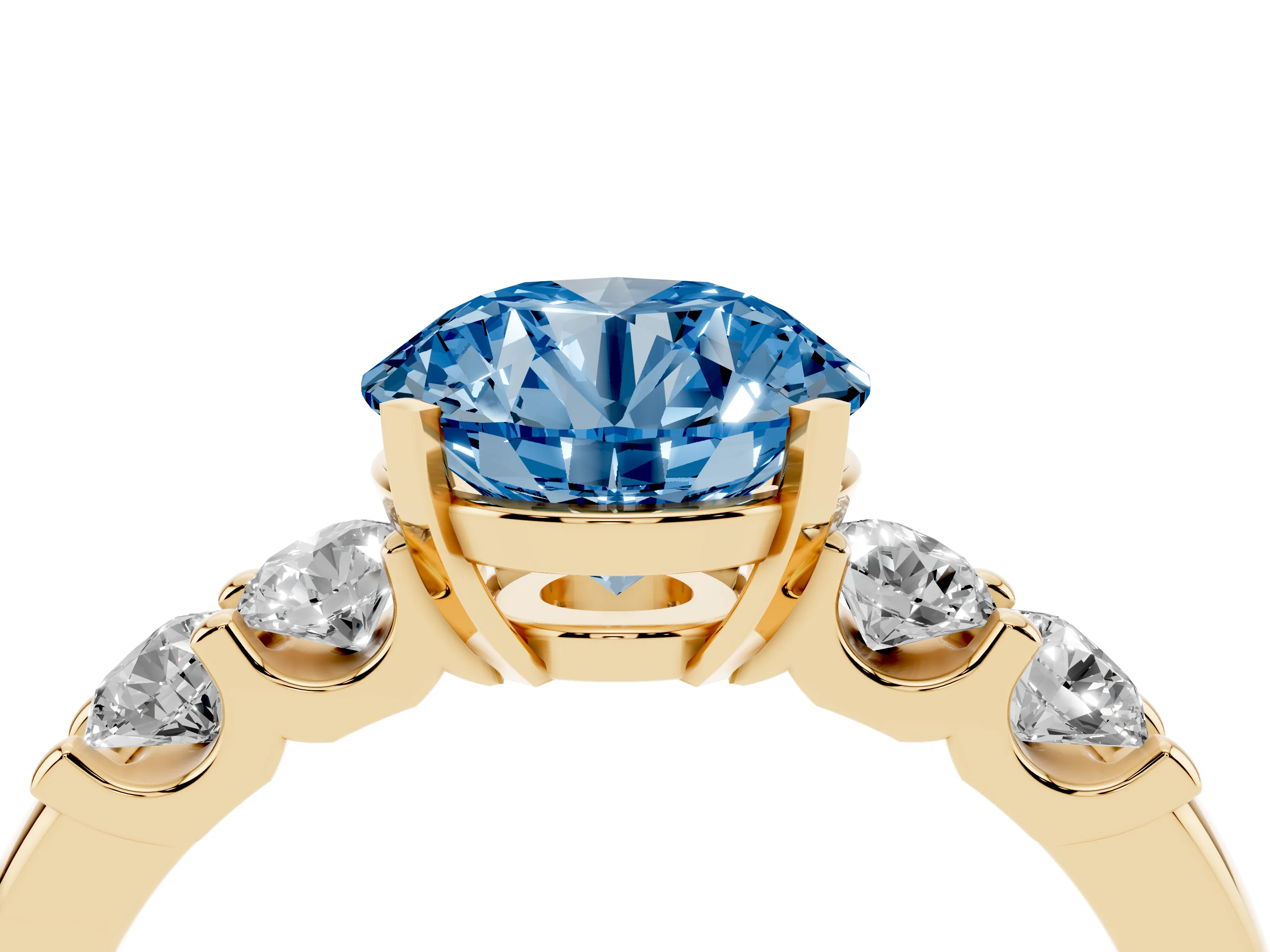 Fancy Blue Round Cut Diamond Five-Stone Prong Set Engagement Ring Set in Yellow gold with Channel Band