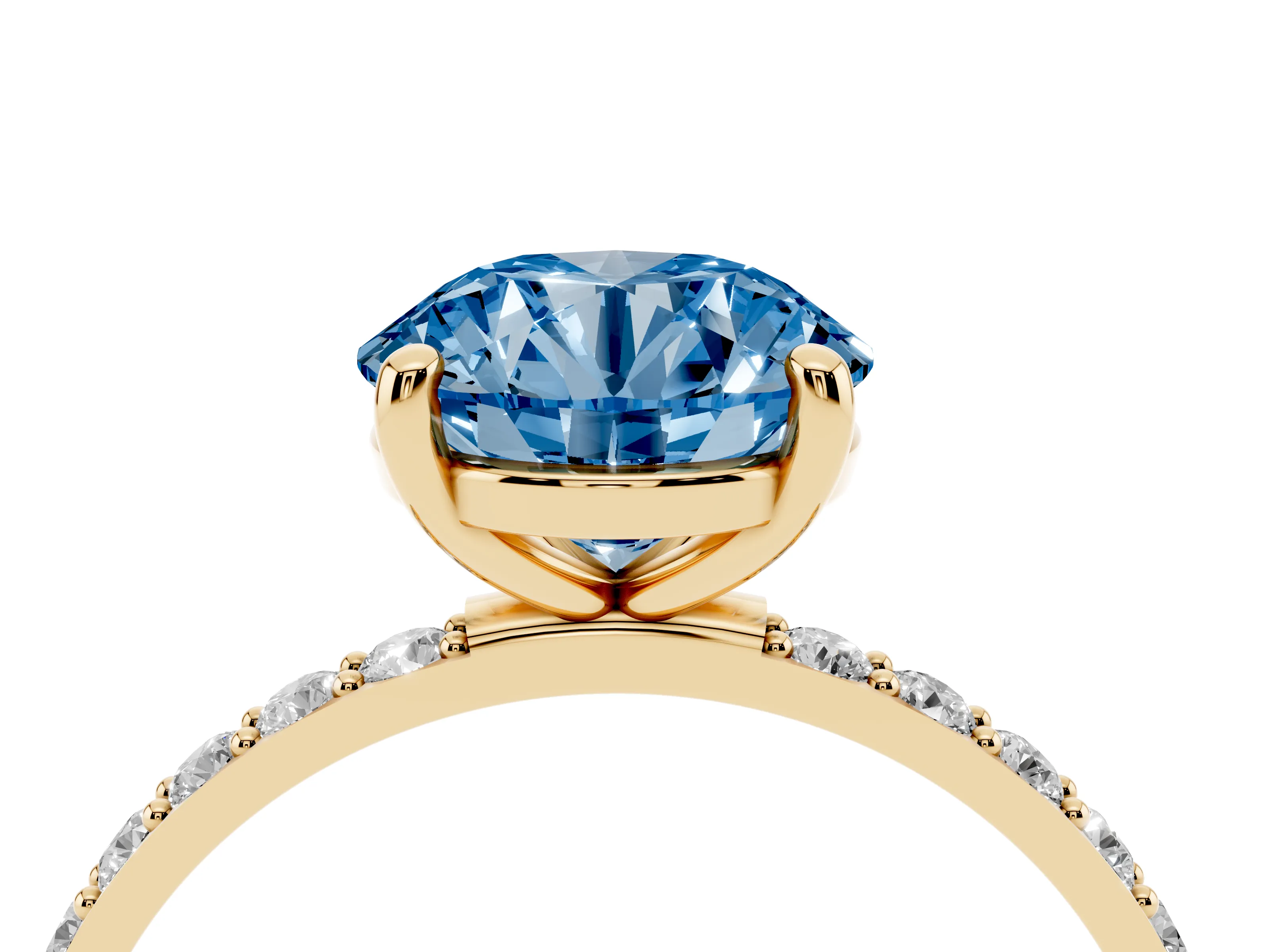 Fancy Blue Round Cut Diamond Solitaire Ring Set in Yellow gold with Round Pavé Band and Prong Setting