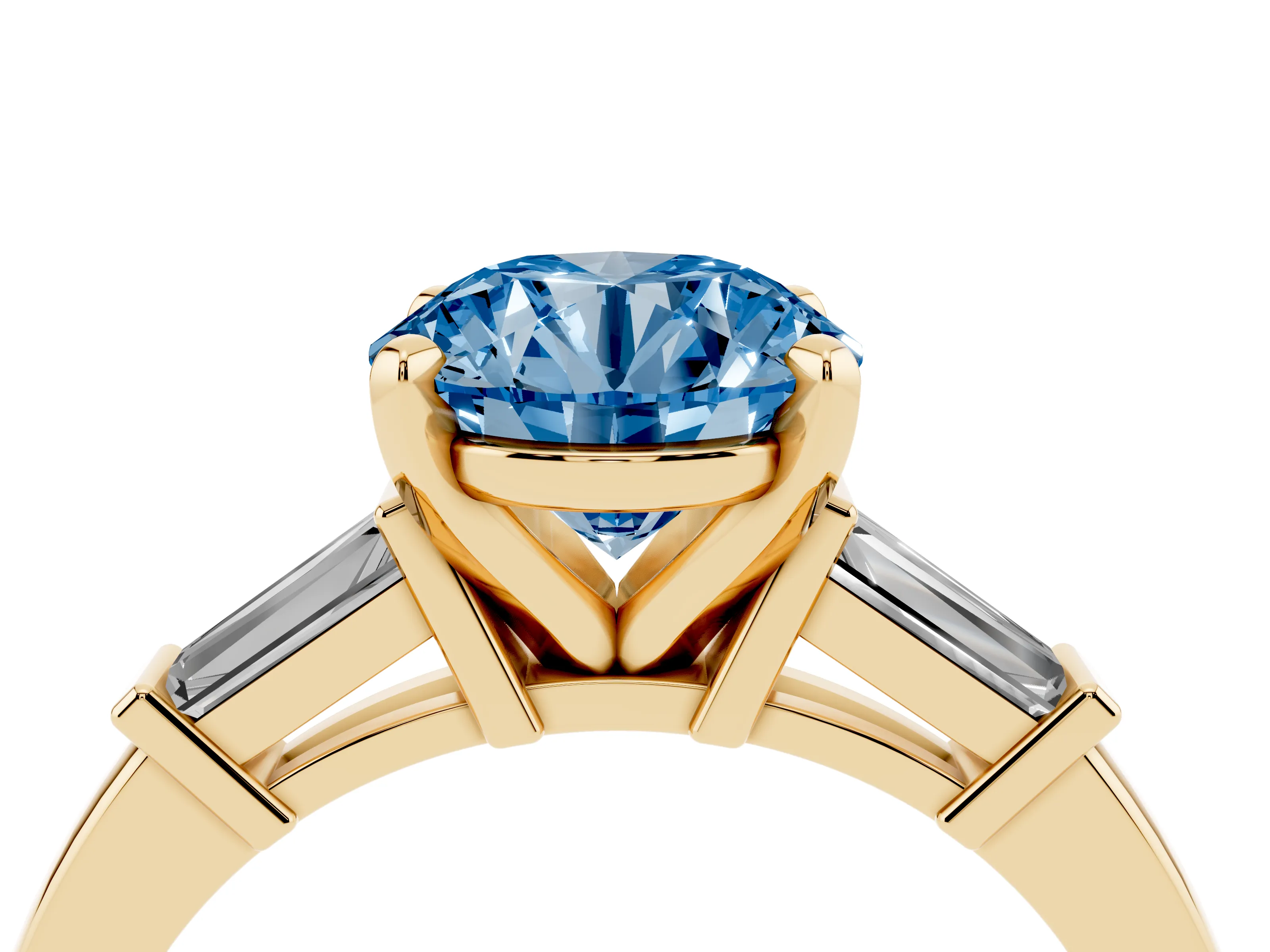Fancy Blue Round Cut Diamond Solitaire Ring Set in Yellow gold with Tapered Baguette Accents and Prong Setting
