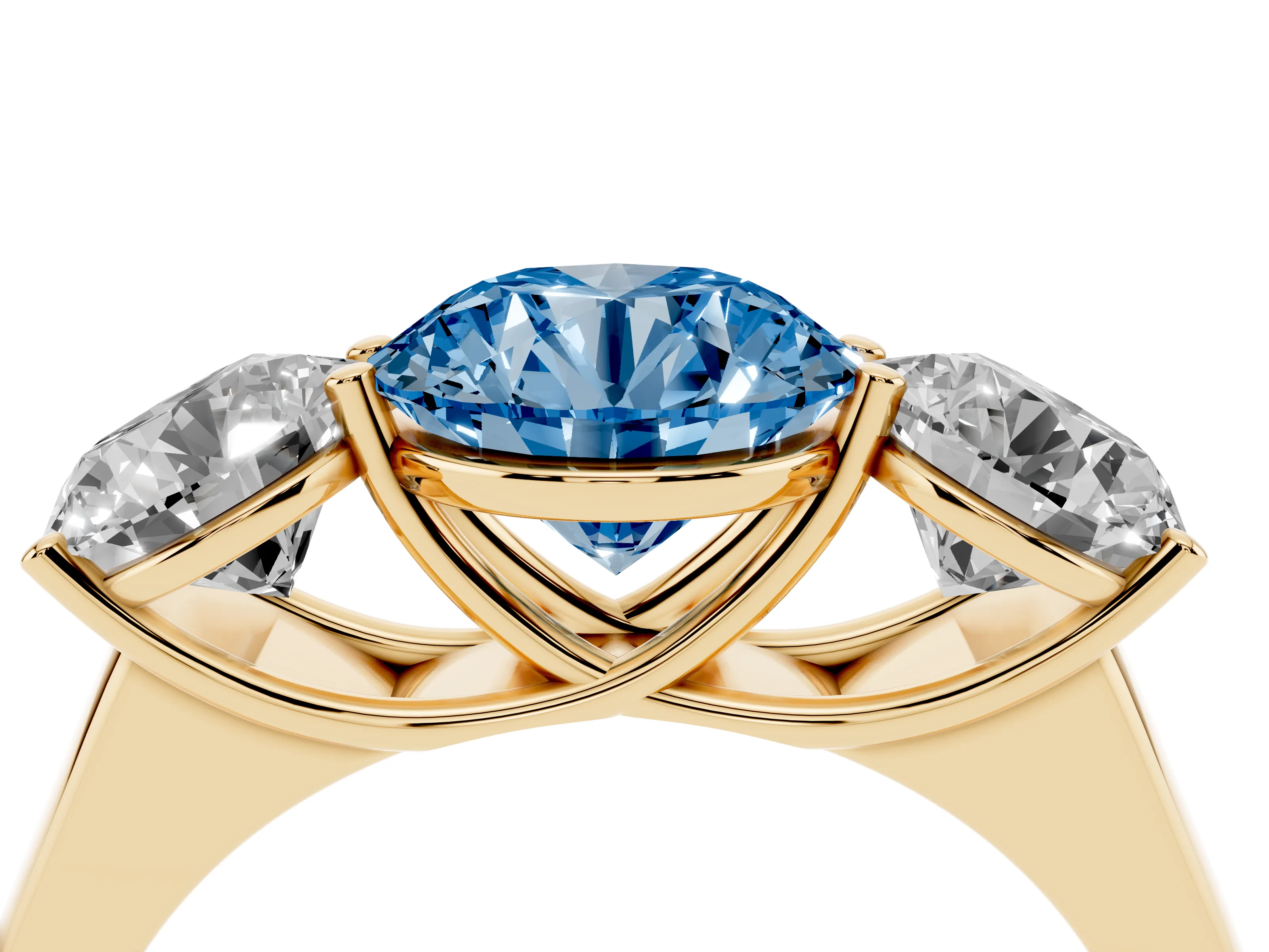 Fancy Blue Round Cut Diamond Three-Stone Ring Set in Yellow gold with Plain Polished Band