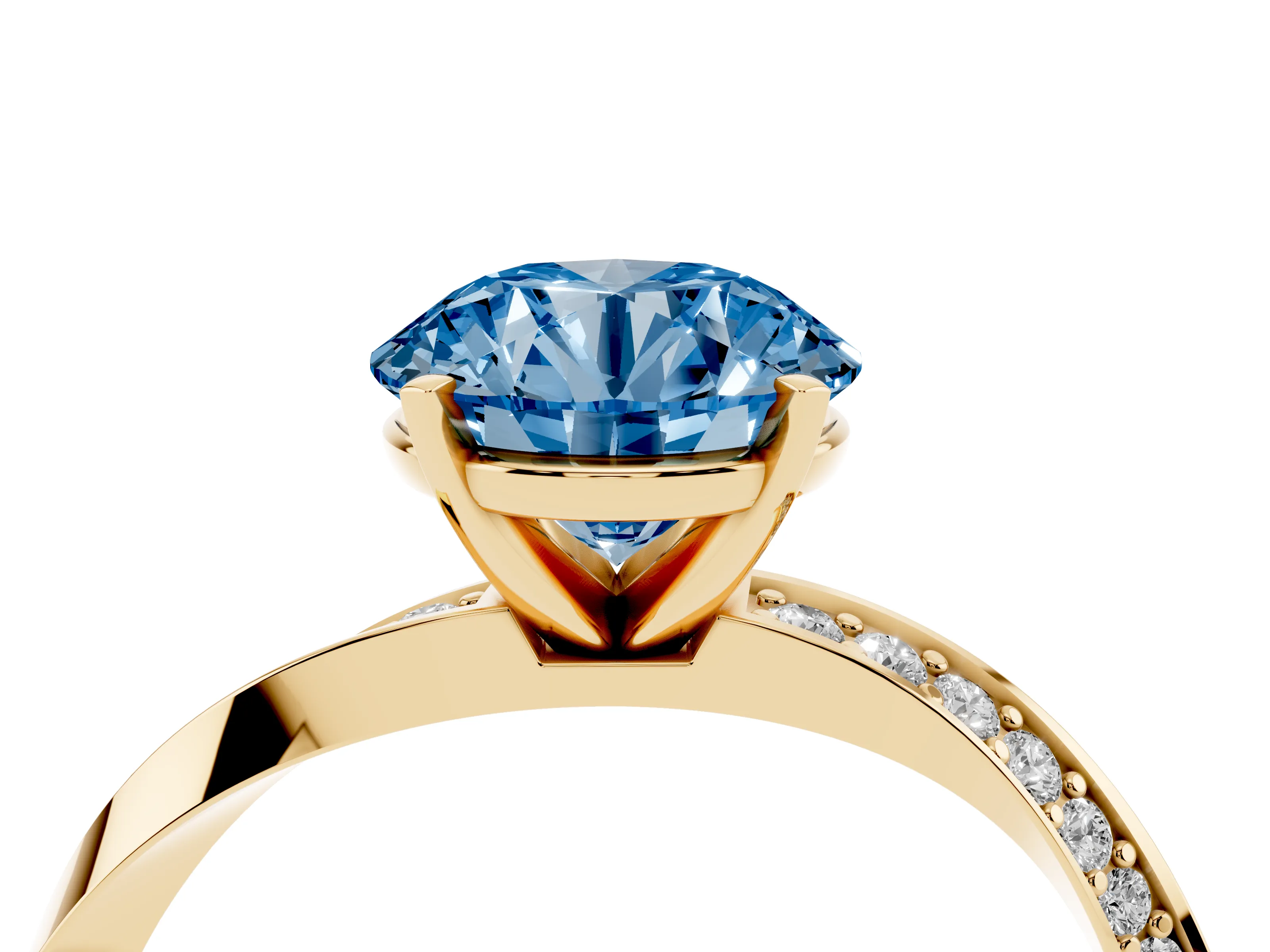 Fancy Blue Round Cut Diamond Engagement Ring Set in Yellow gold with Side Stone Accents and Prong Setting