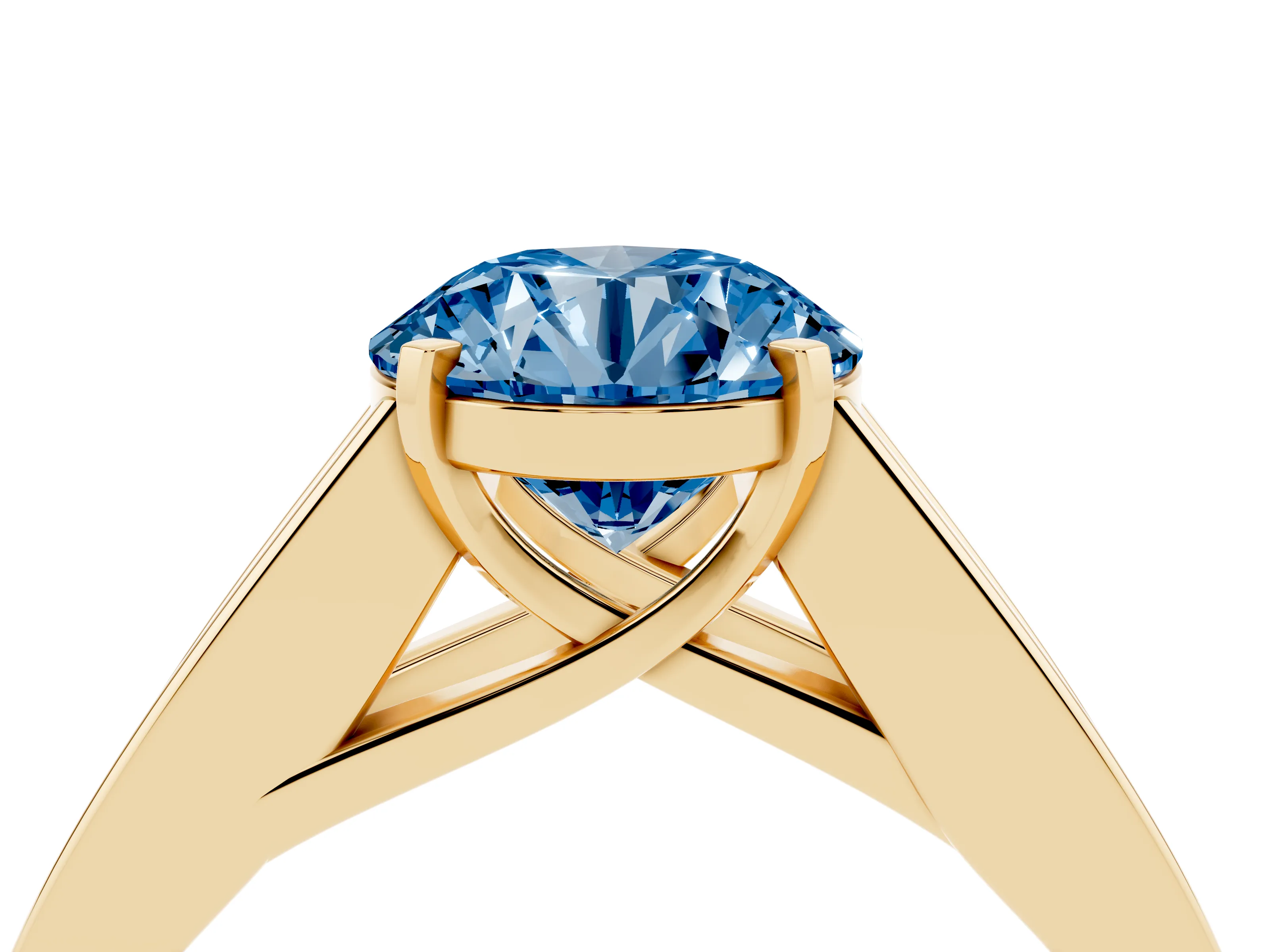 Fancy Blue Round Cut Diamond Solitaire Ring Set in Yellow gold with Channel-Set Accent Stones and Prong Setting
