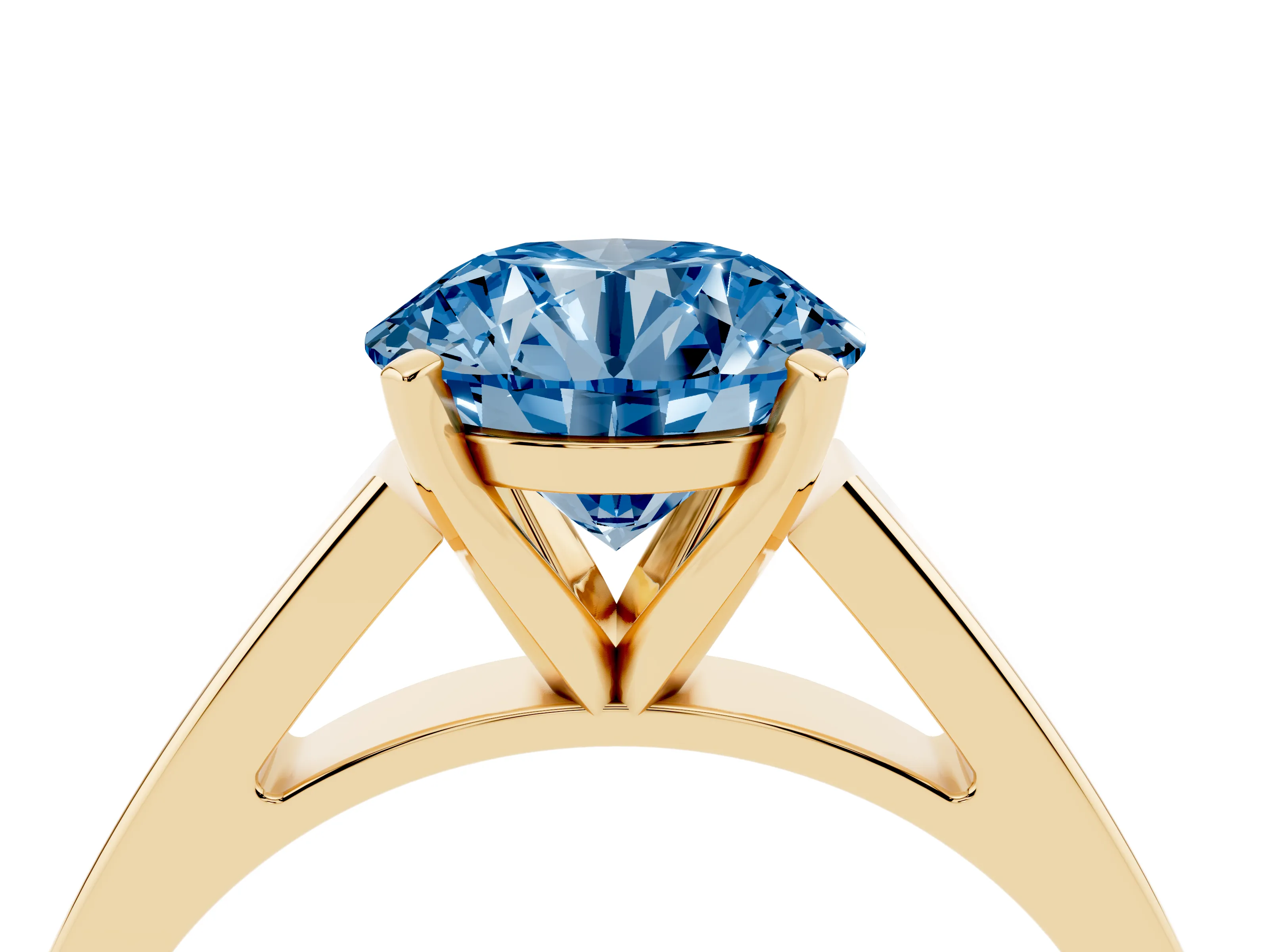 Fancy Blue Round Cut Diamond Solitaire Engagement Ring Set in Yellow gold with Prong Setting and Tapered Band