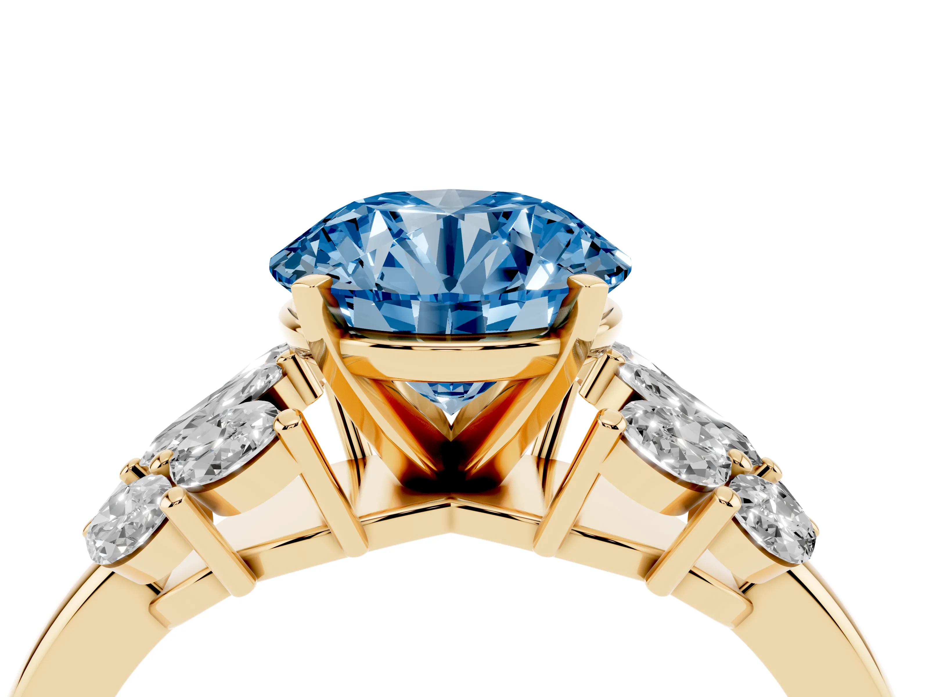 Fancy Blue Round Cut Diamond Cluster Leaf Design Ring Set in Yellow gold with Prong Setting