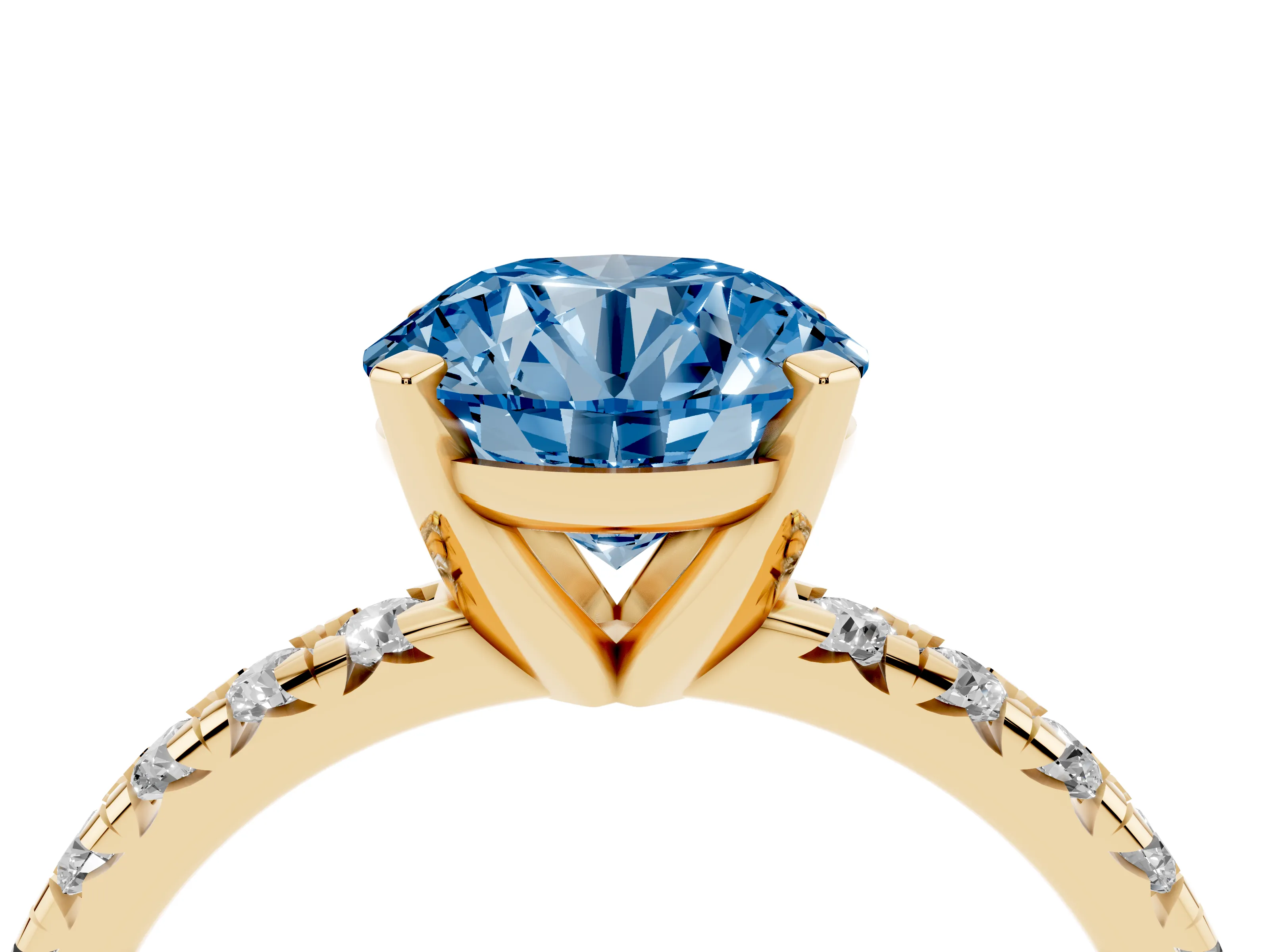Fancy Blue Round Cut Diamond Solitaire Pavé Engagement Ring Set in Yellow gold with Round Band and Prong Setting