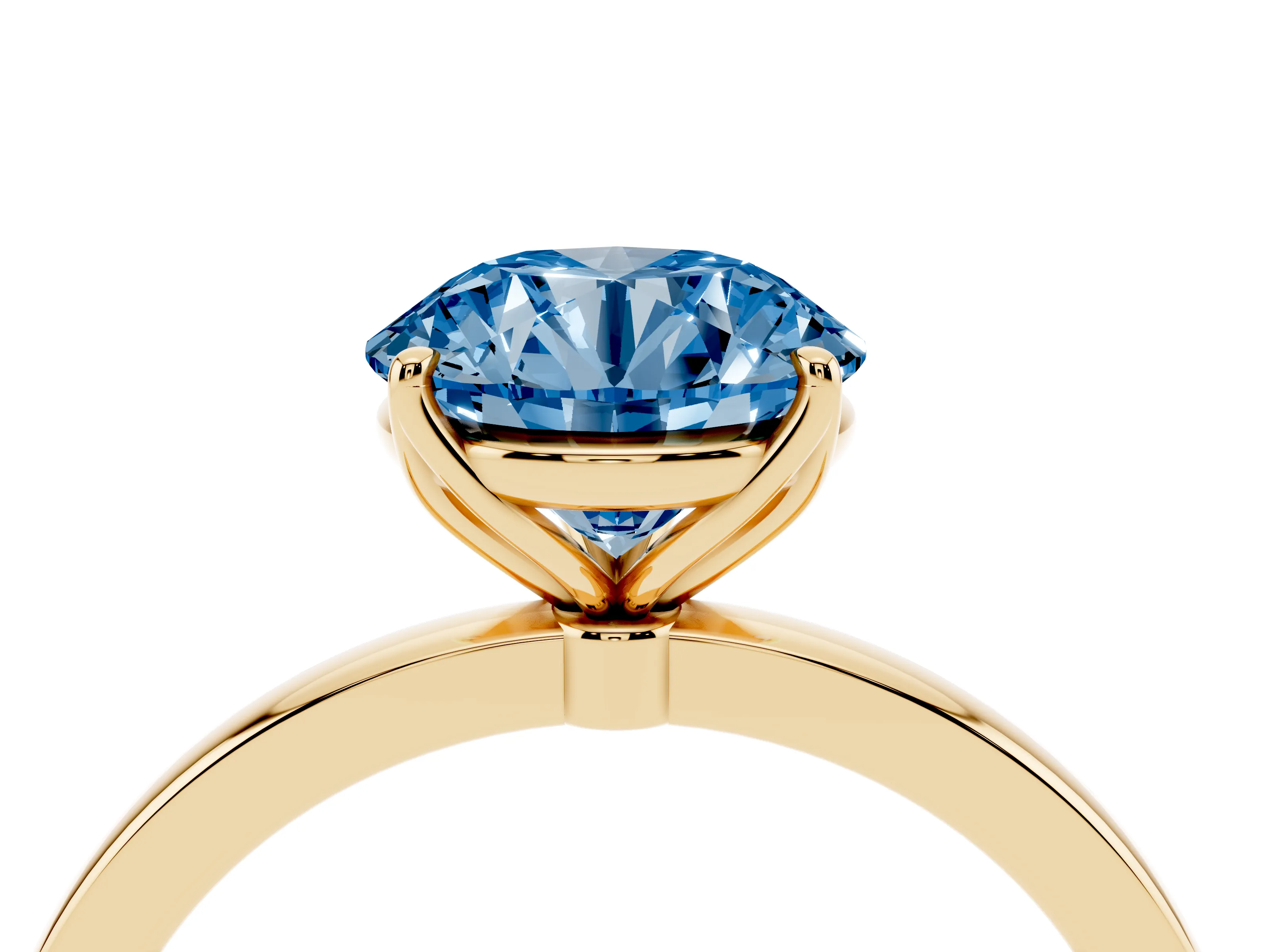 Fancy Blue Round Cut Diamond Solitaire Ring Set in Yellow gold with Prong Setting and Thin Polished Band