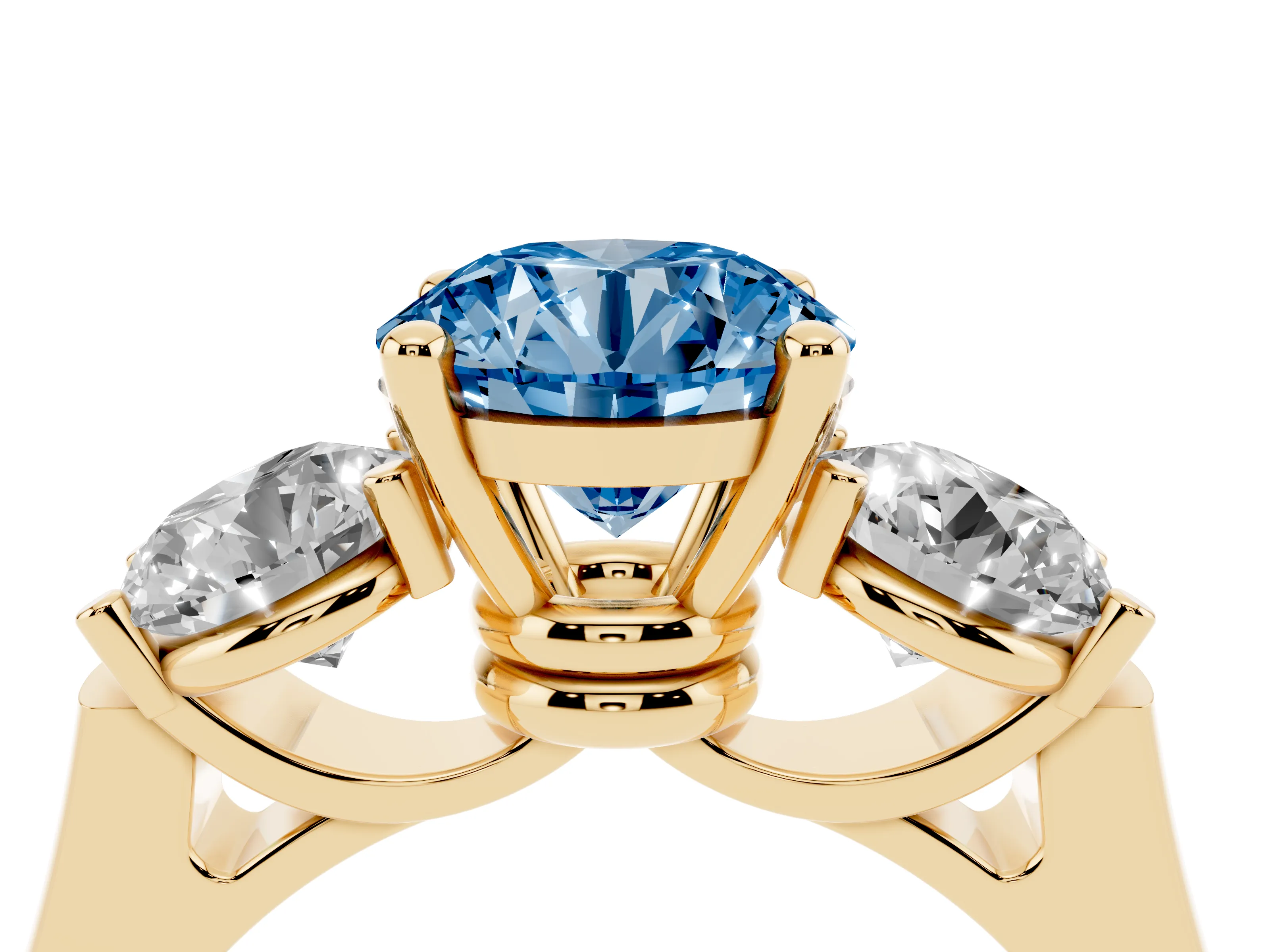 Fancy Blue Round Cut Diamond Three-Stone Trellis Ring Set in Yellow gold with Comfort Fit Band