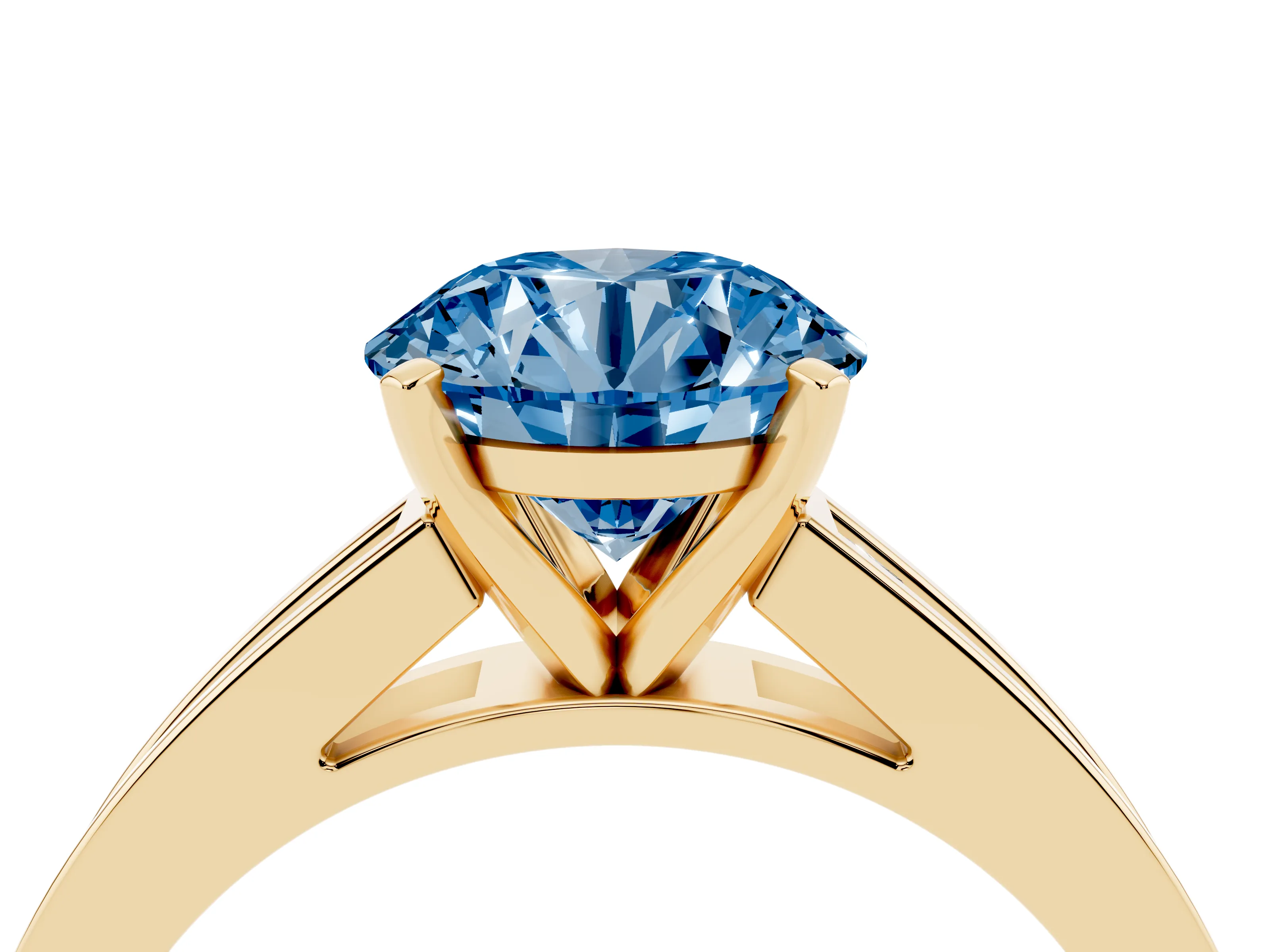 Fancy Blue Round Cut Diamond Solitaire Ring Set in Yellow gold with Channel-Set Band and Prong Setting