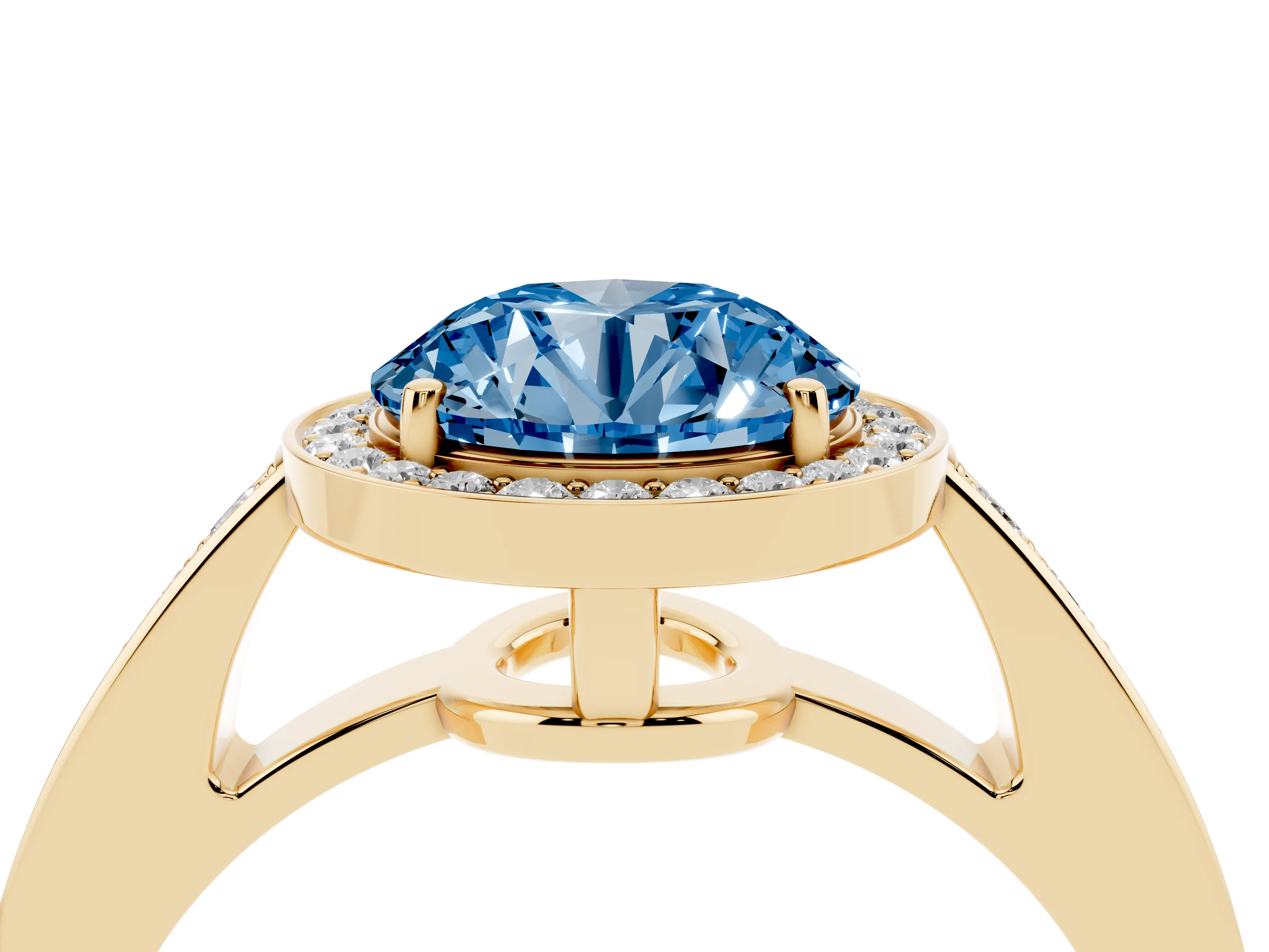 Fancy Blue Round Cut Diamond Halo Pavé Engagement Ring Set in Yellow gold with Bezel Setting