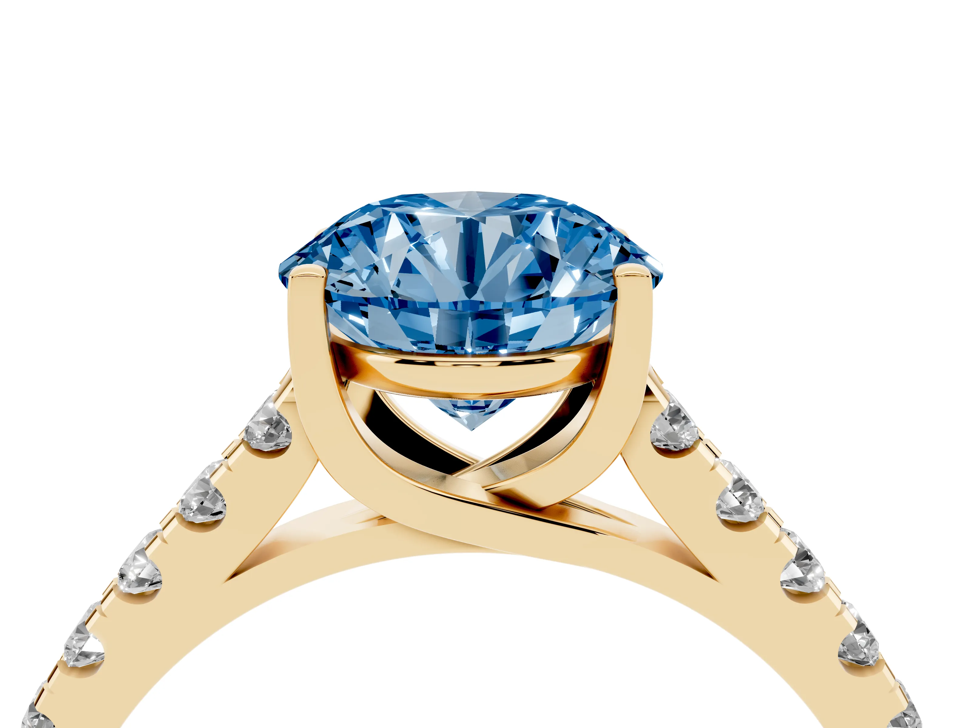 Fancy Blue Round Cut Diamond Pavé Band Solitaire Ring Set in Yellow gold with Partway Accent Stones and Prong Setting