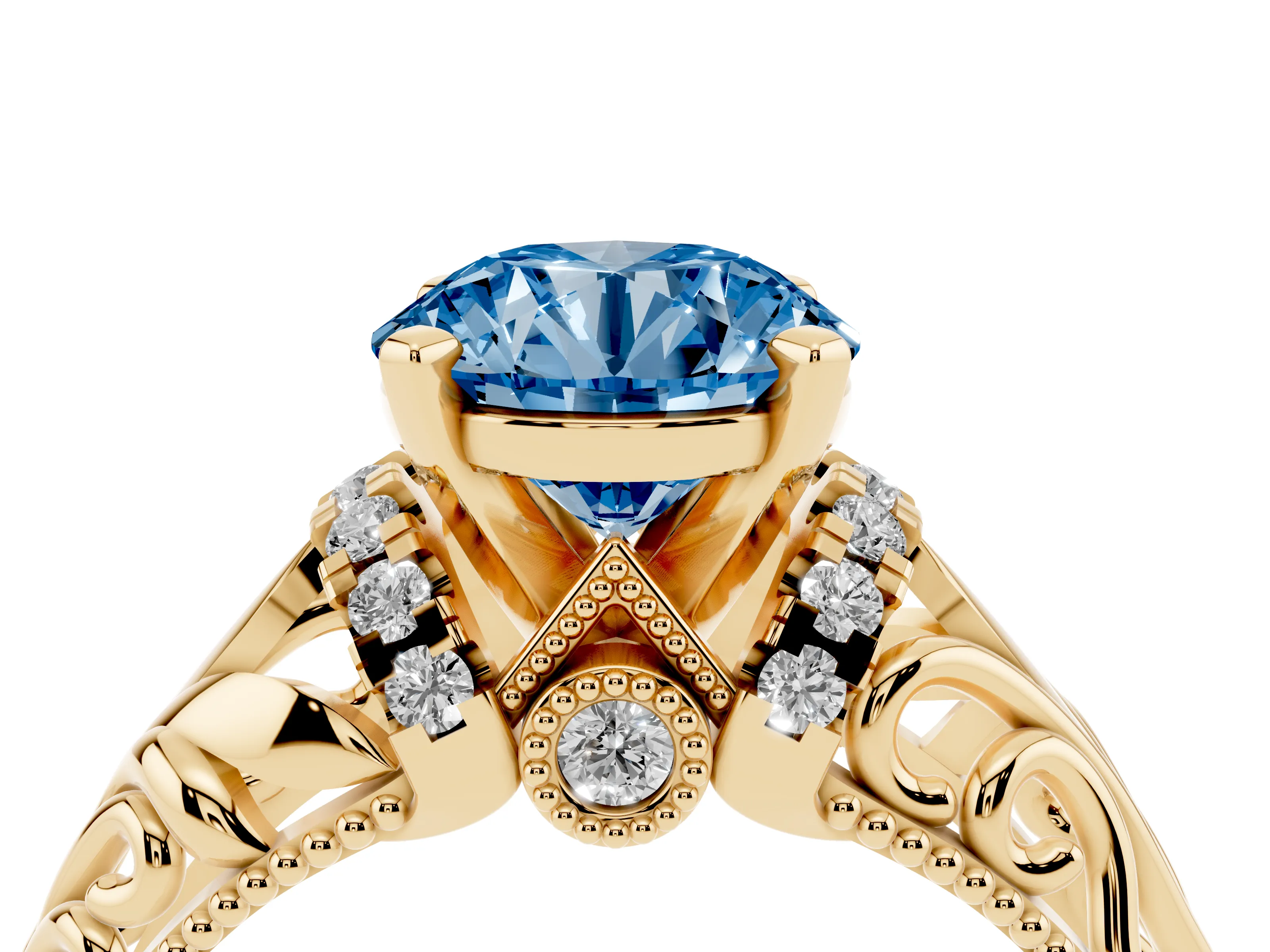 Fancy Blue Round Cut Diamond Filigree Halo Engagement Ring Set in Yellow gold with Prong Setting