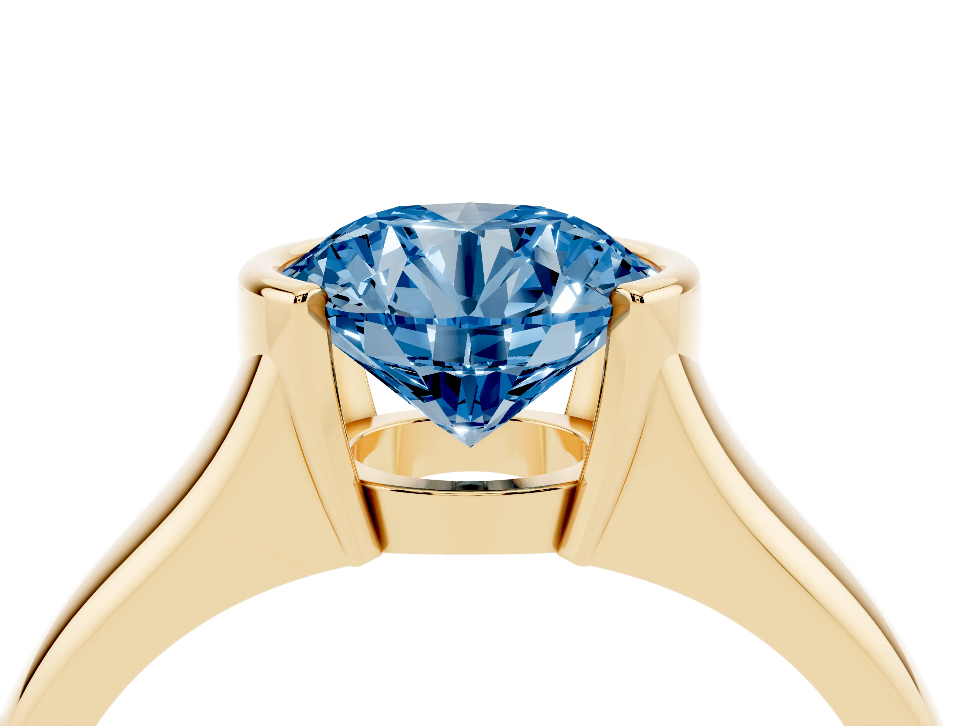 Fancy Blue Round Cut Diamond Solitaire Tension Set Ring Set in Yellow gold with Split Shank Band