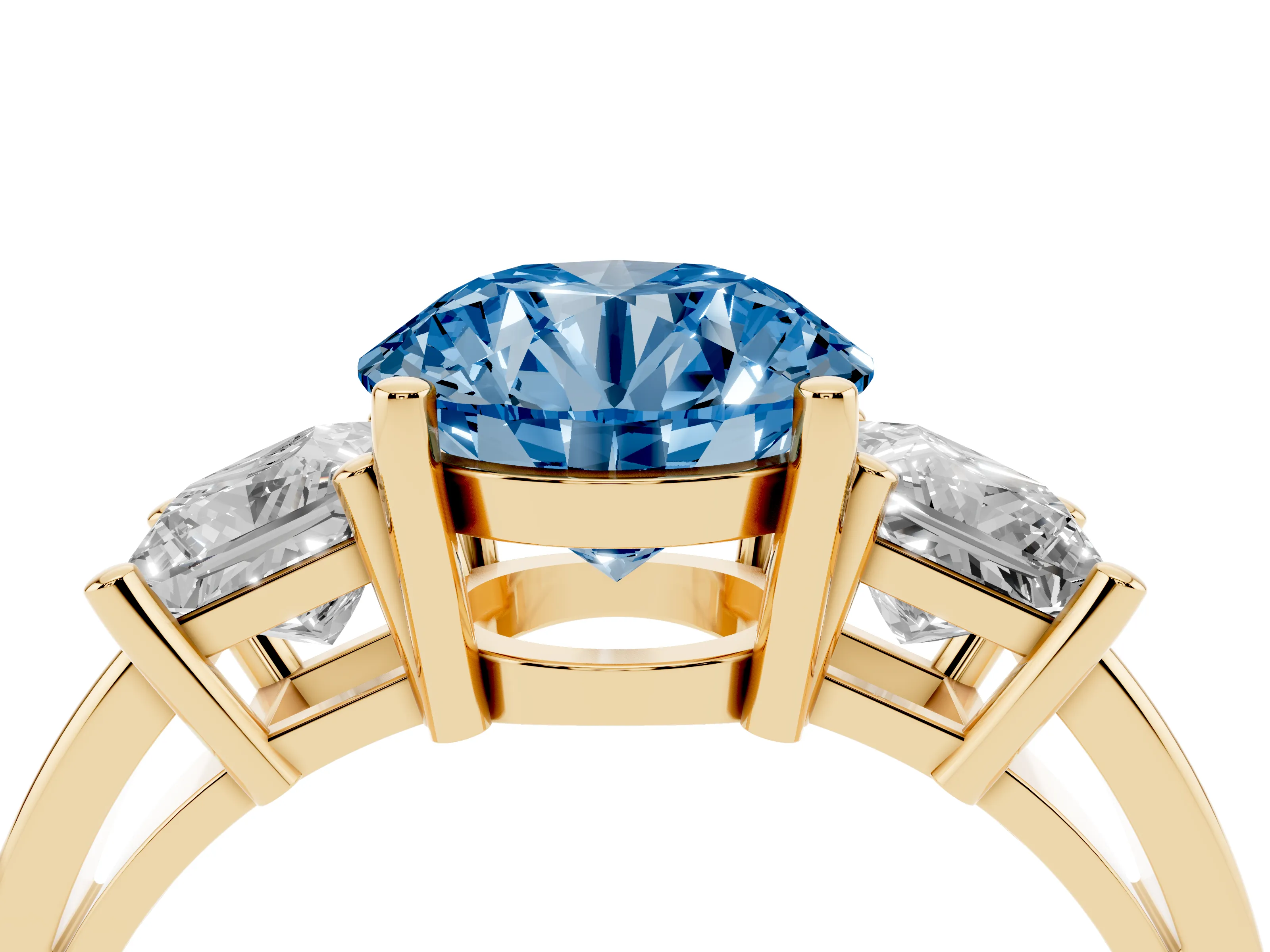 Fancy Blue Three-Stone Round Cut Diamond Solitaire Ring Set in Yellow gold with Prong Setting