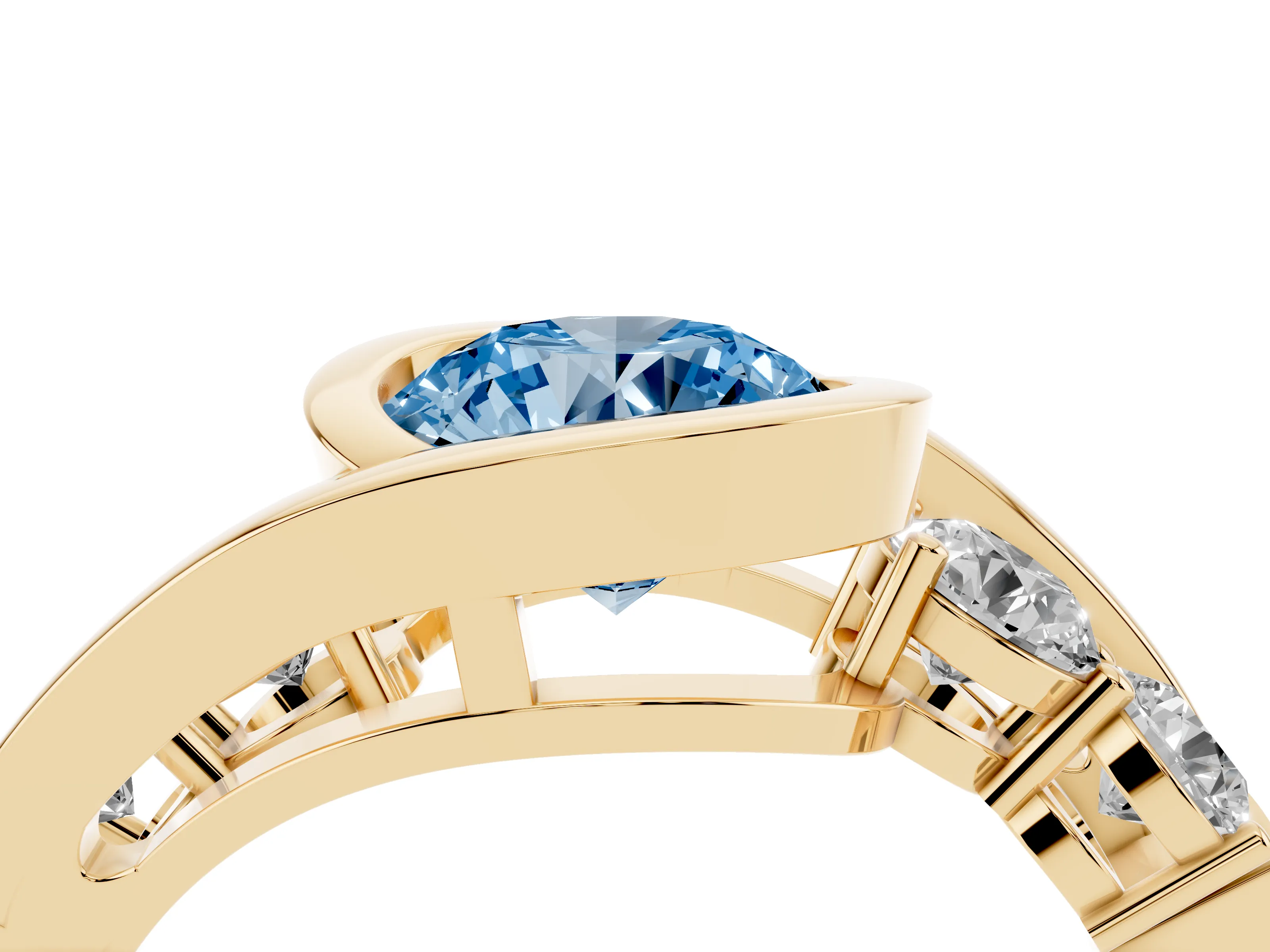 Fancy Blue Round Cut Diamond Bezel Bypass Ring Set in Yellow gold with Round Accents