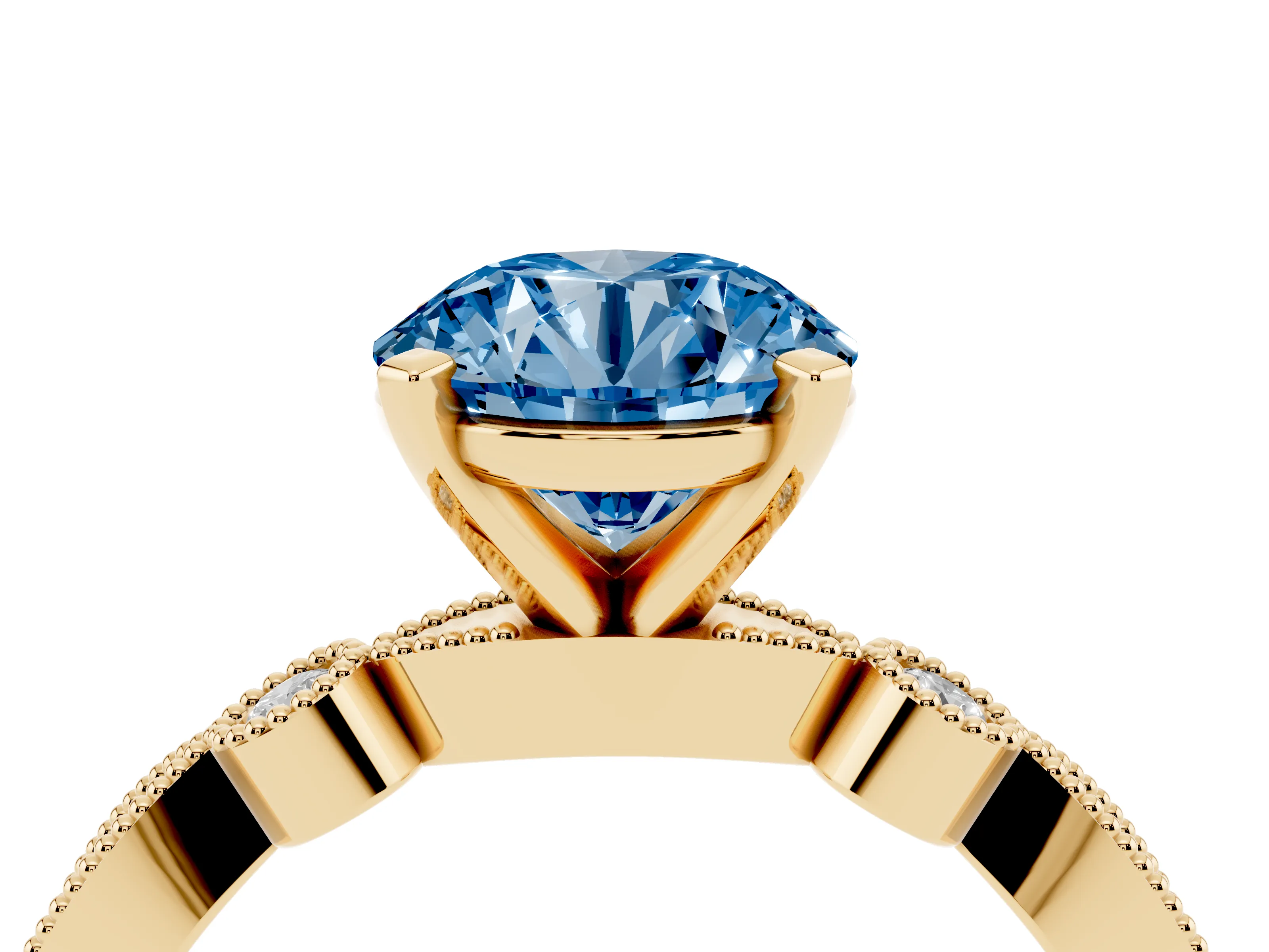 Fancy Blue Round Cut Diamond Solitaire Engagement Ring Set in Yellow gold with Milgrain Bezel Accent Band