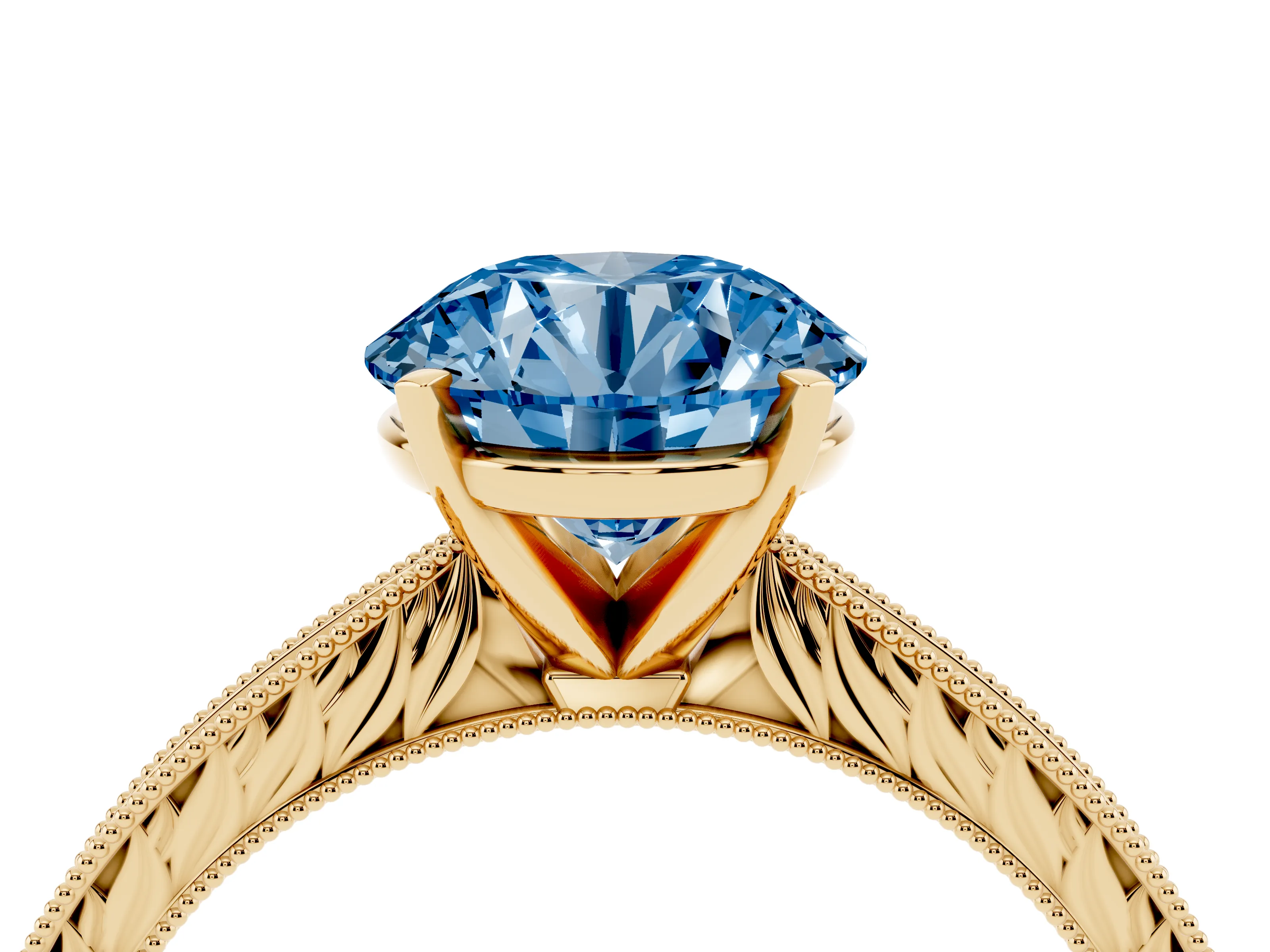 Fancy Blue Round Cut Diamond Solitaire Milgrain Engraved Band Set in Yellow gold with Prong Setting