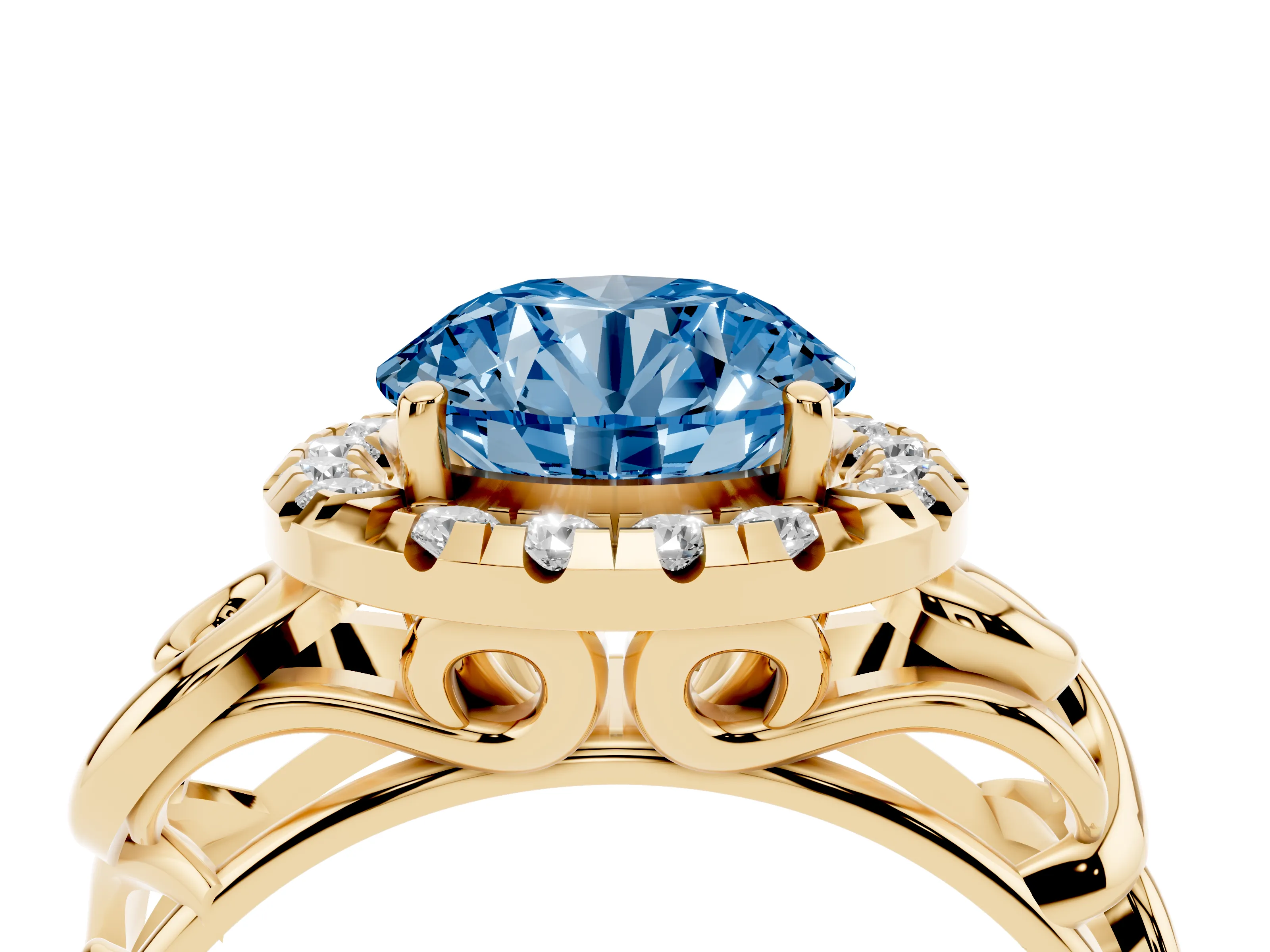 Fancy Blue Round Cut Diamond Halo Ring Set in Yellow gold with Scrollwork Band and Prong Setting