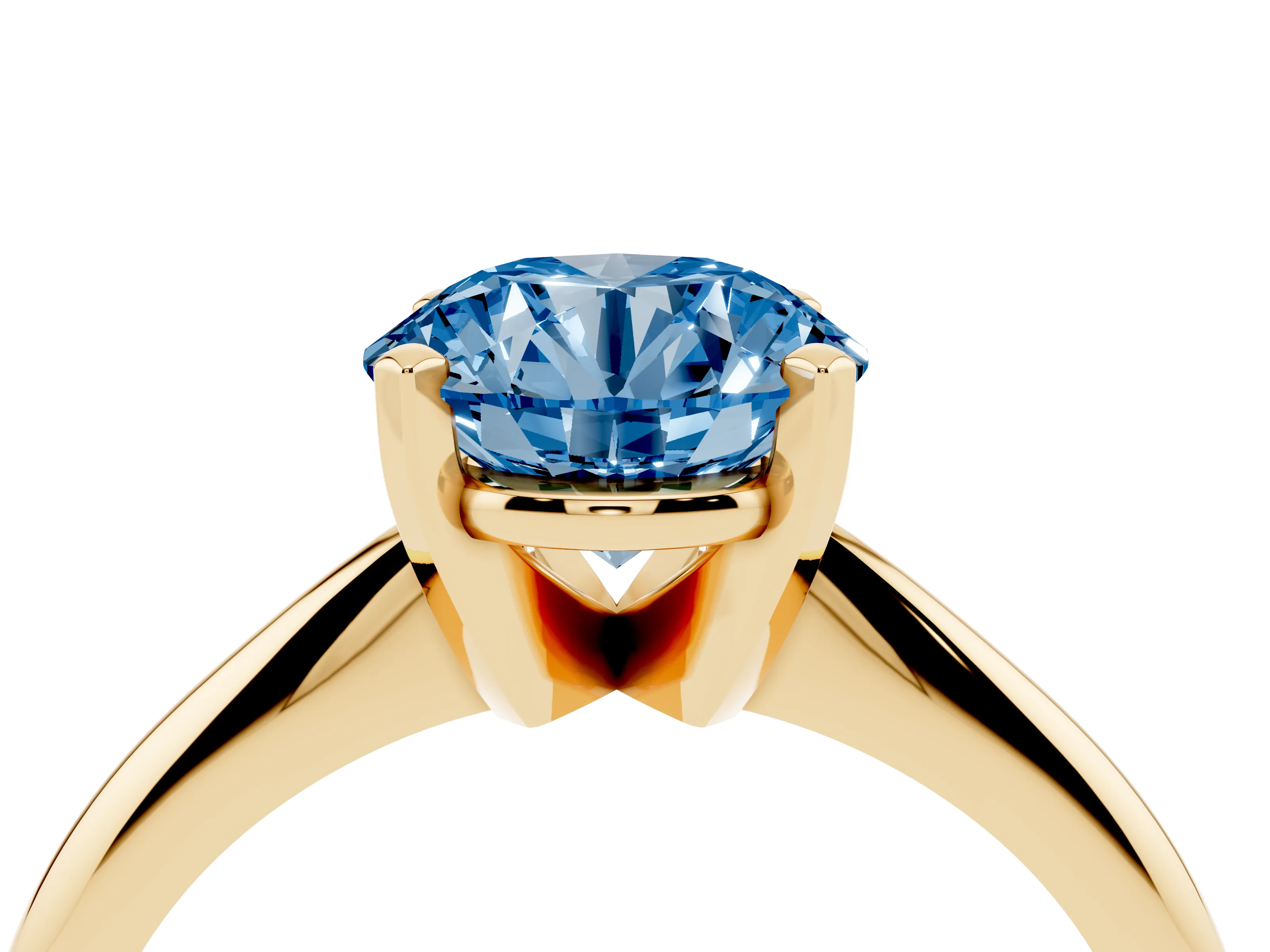 Fancy Blue Round Cut Diamond Solitaire Ring Set in Yellow gold with Prong Setting on a Plain Round Band