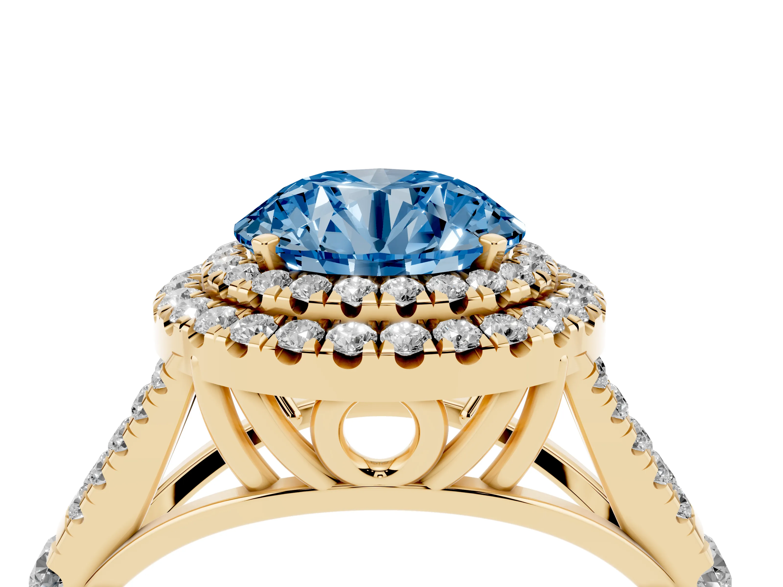 Fancy Blue Round Cut Diamond Pavé Split Shank Double Halo Engagement Ring Set in Yellow gold