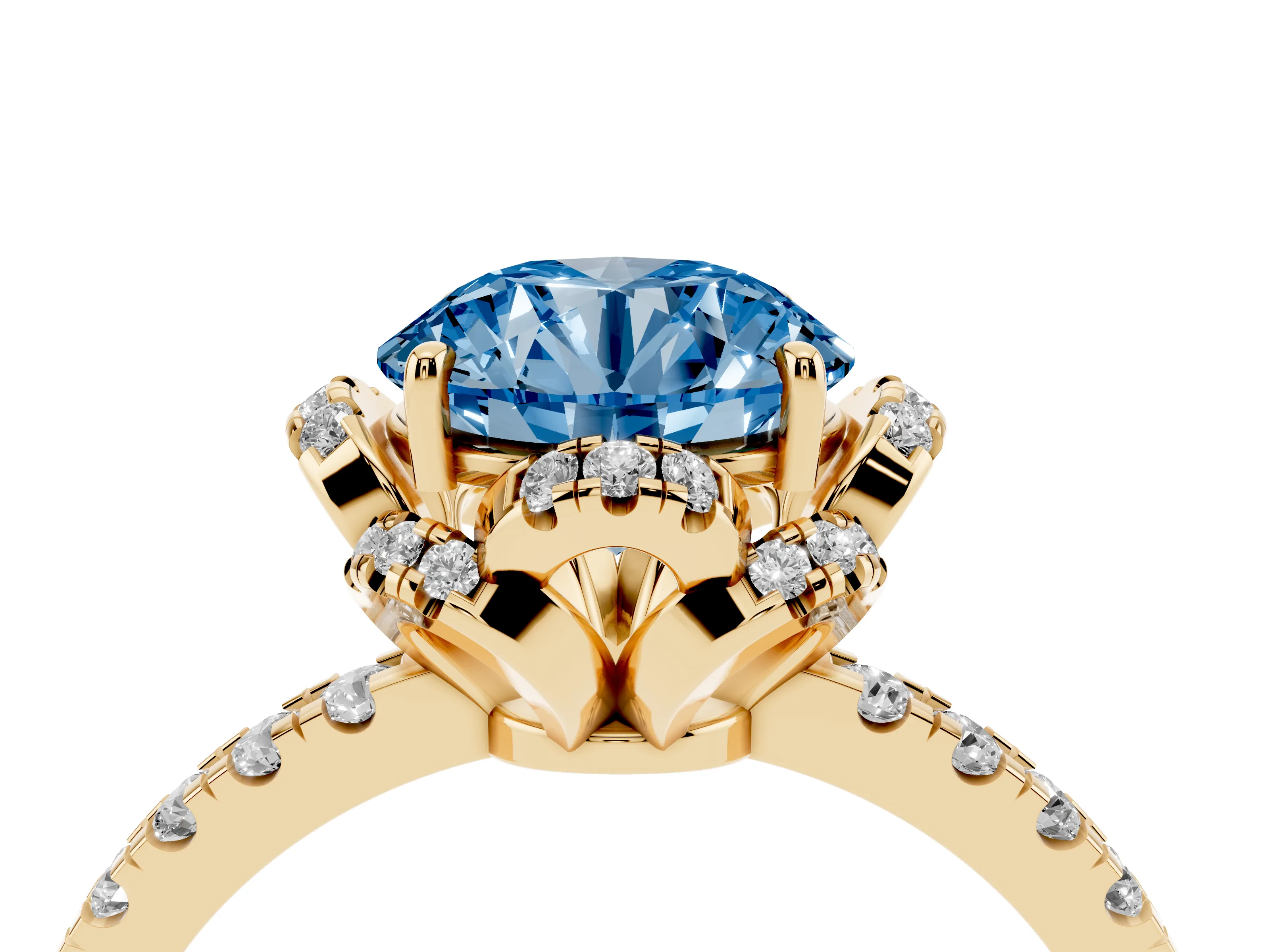 Fancy Blue Round Cut Diamond Halo Pavé Band Ring Set in Yellow gold with Prong-Held Center