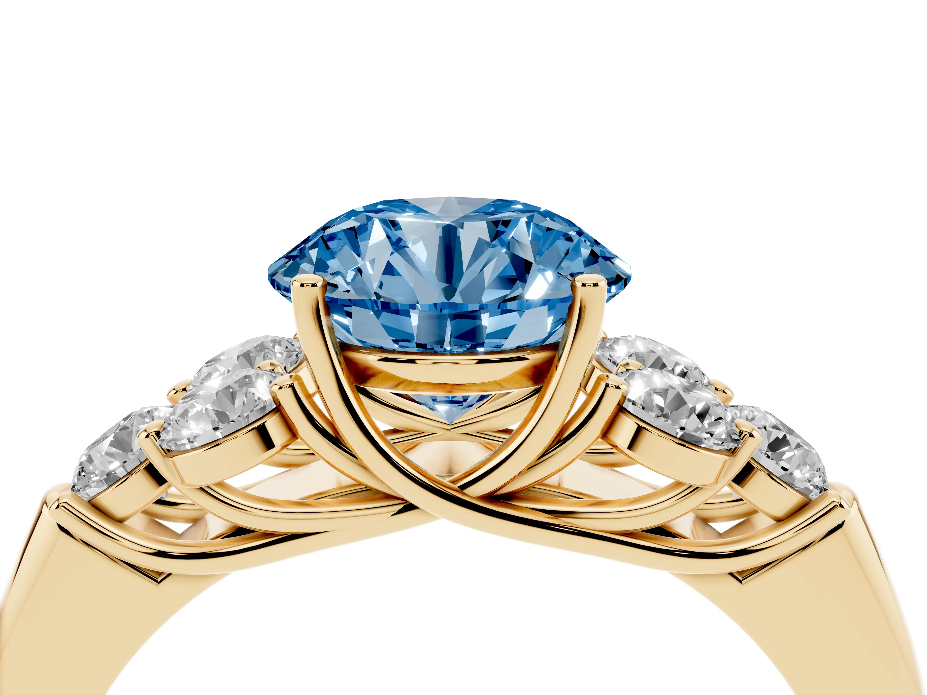Fancy Blue Round Cut Diamond Cluster Ring Set in Yellow gold with Round Accent Stones and Prong Setting on a Plain Band