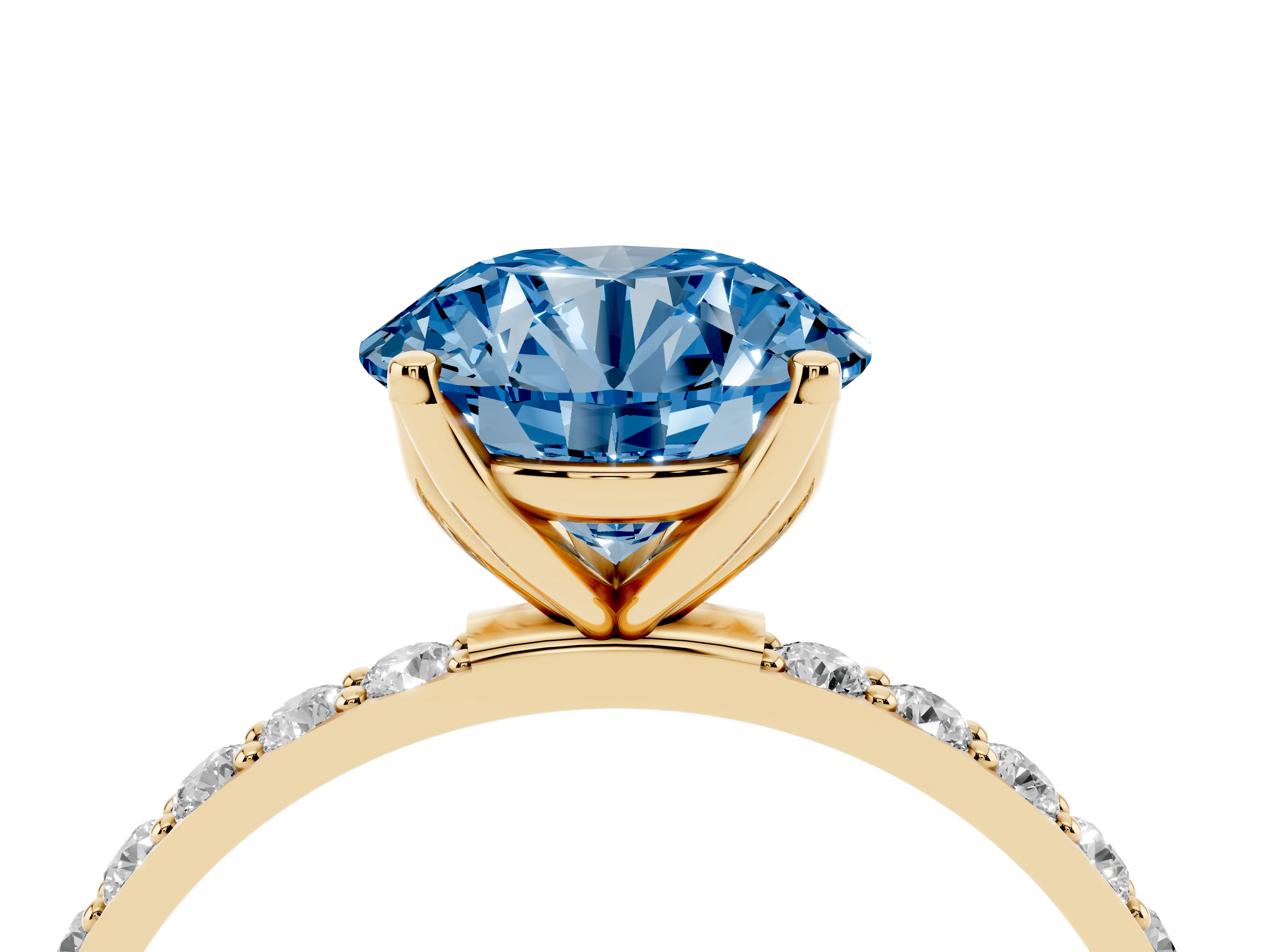 Fancy Blue Round Cut Diamond Solitaire Engagement Ring Set in Yellow gold with Round Pavé Band and Prong Setting