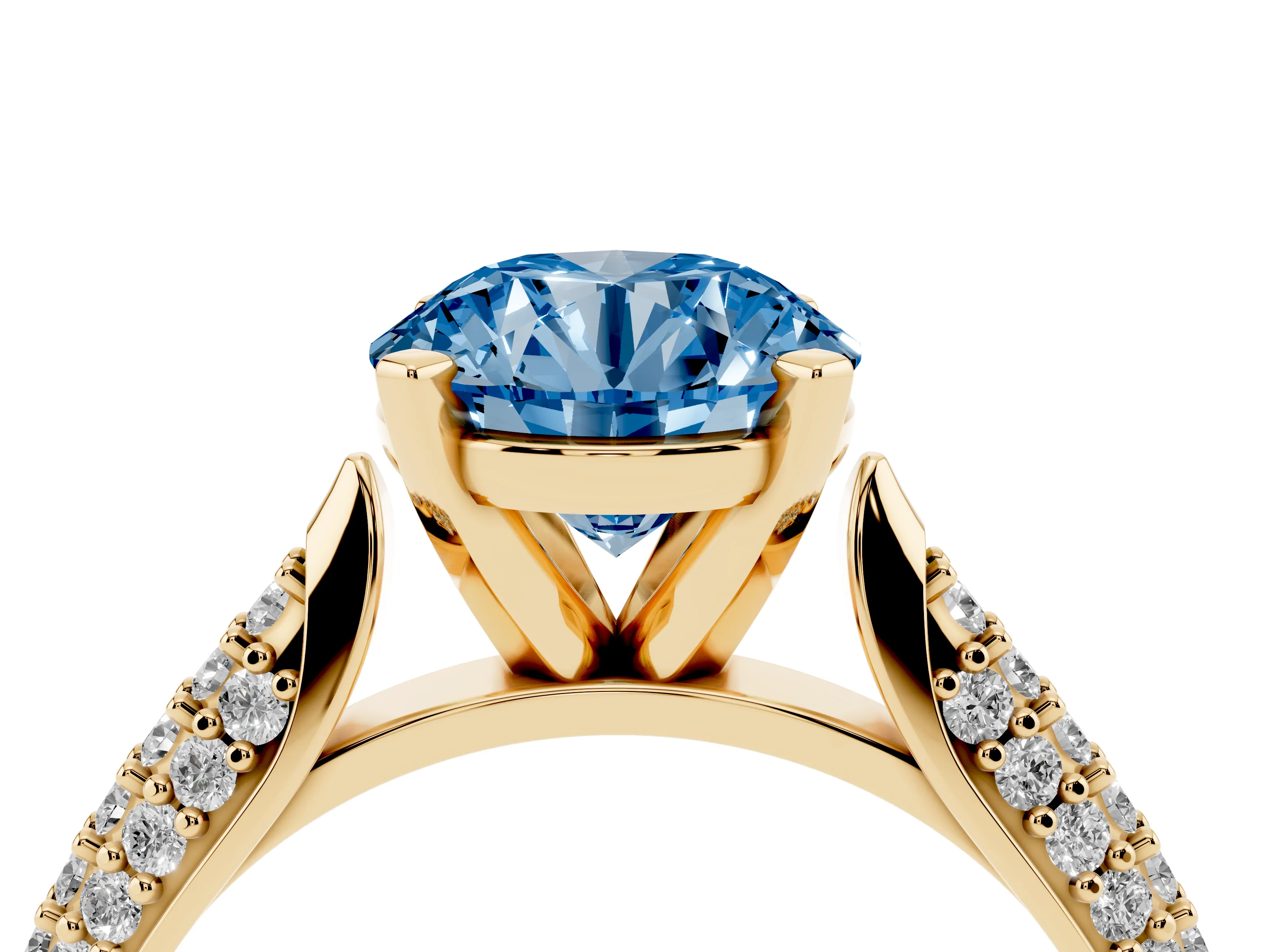 Fancy Blue Round Cut Diamond Solitaire Engagement Ring Set in Yellow gold with Multi-Row Round Pavé Band and Prong Setting