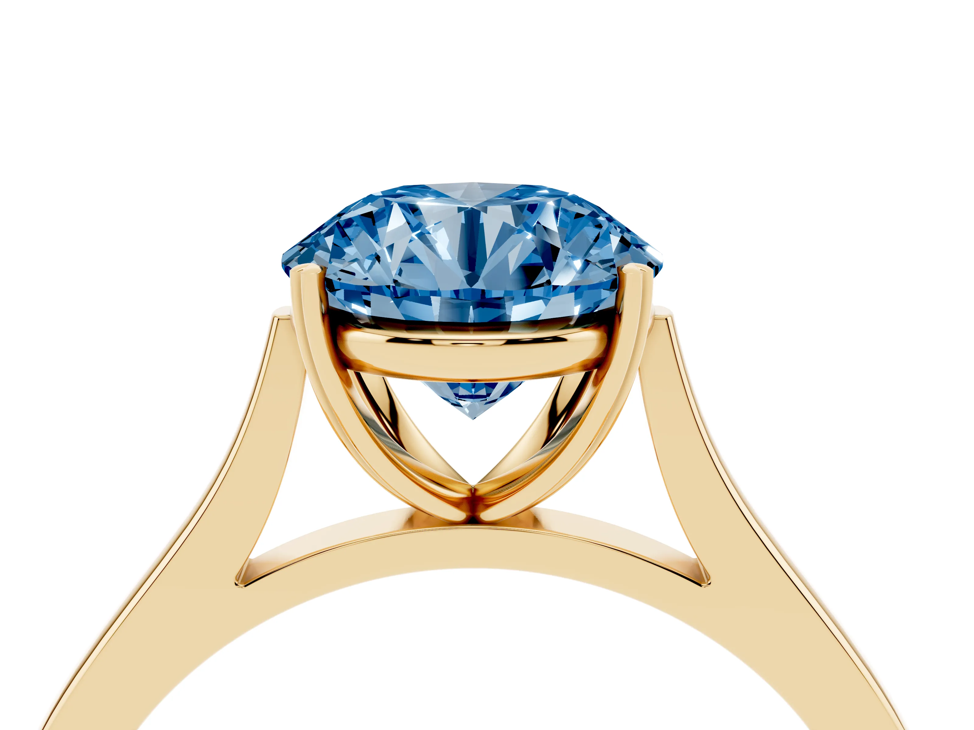 Fancy Blue Round Cut Diamond Solitaire Heart Prong Engagement Ring Set in Yellow gold with Tapered Band
