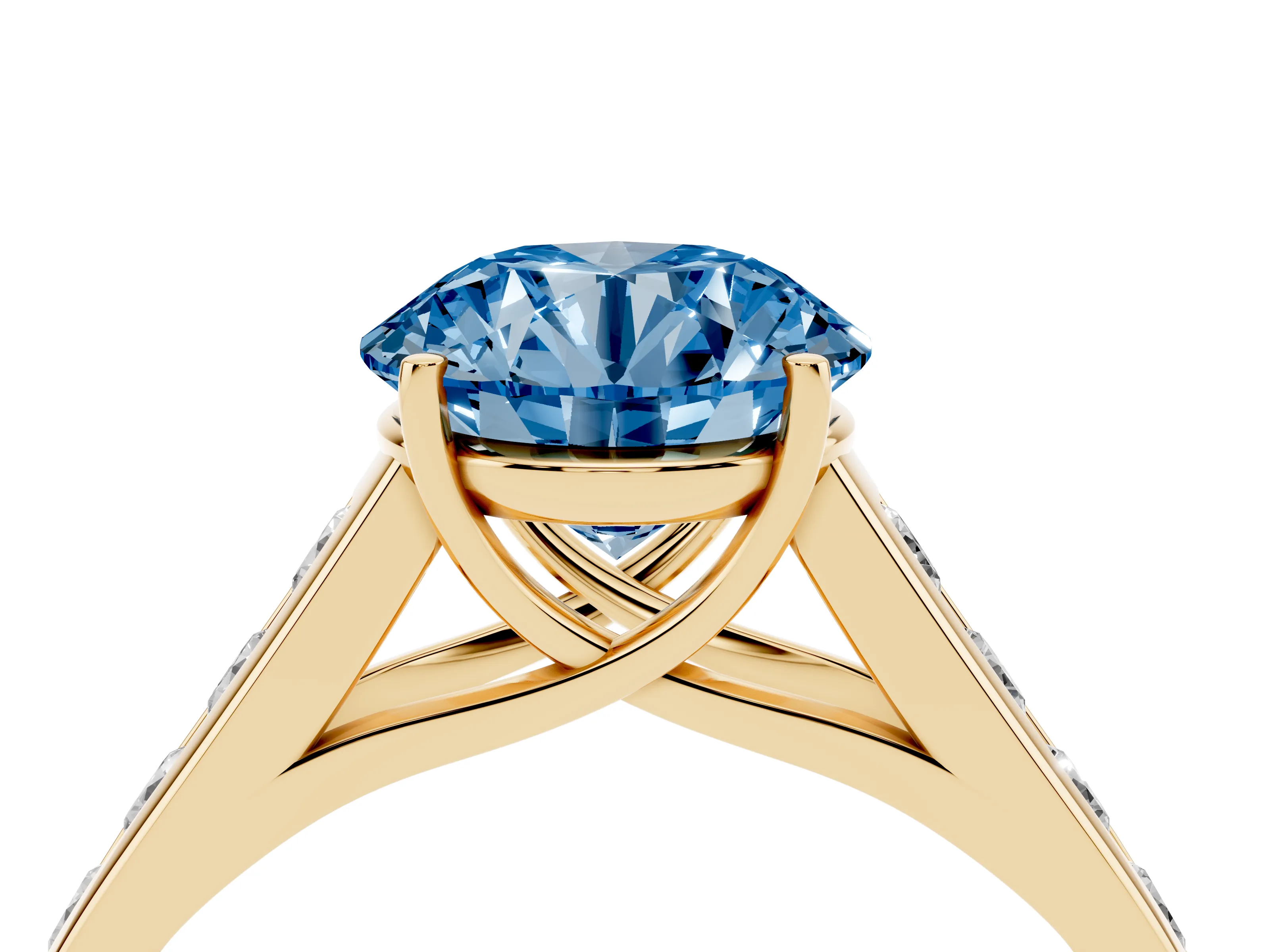Fancy Blue Round Cut Diamond Solitaire Channel-Set Engagement Ring Set in Yellow gold with Prong Setting