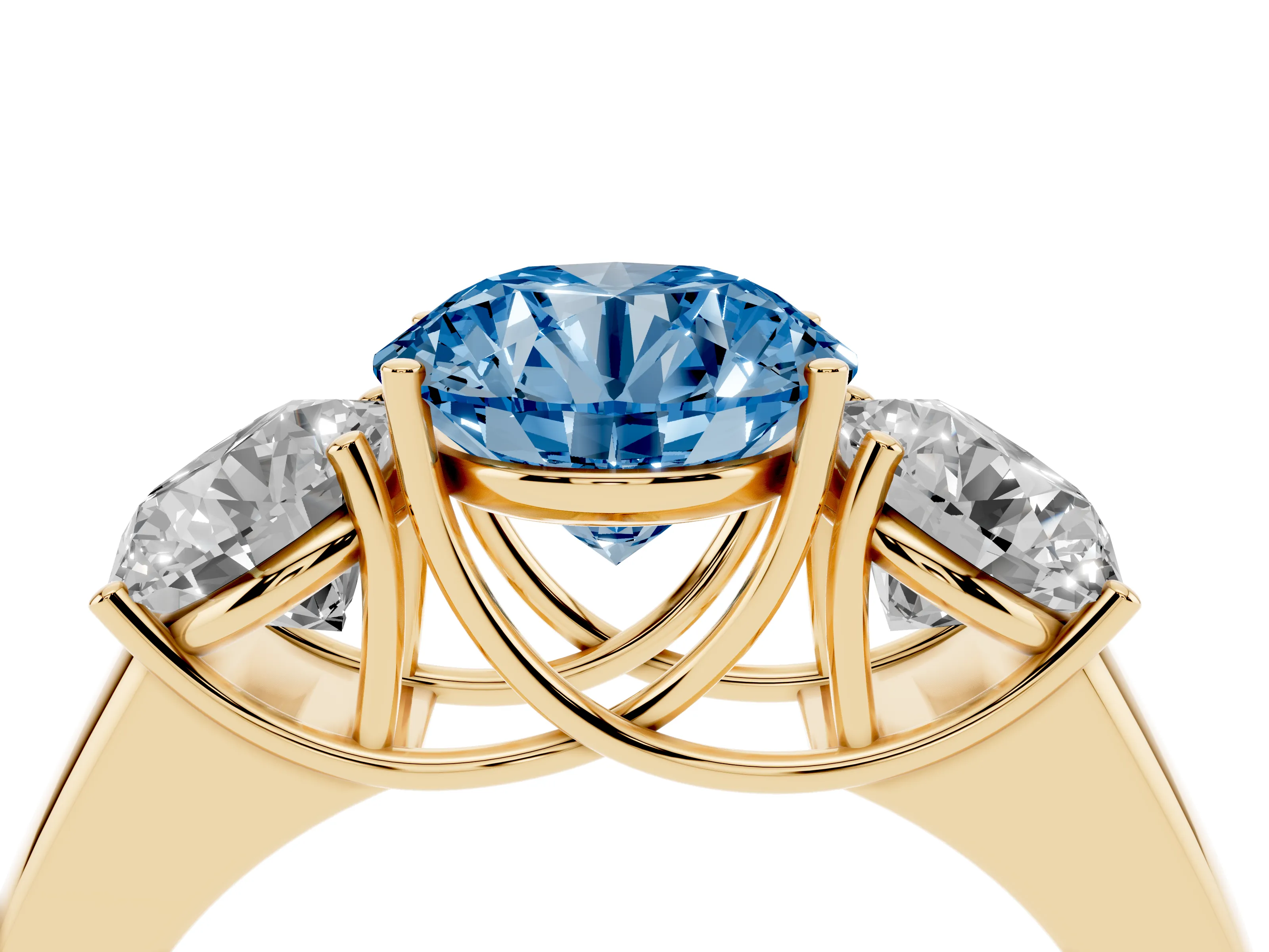 Fancy Blue Three-Stone Round Cut Diamond Ring Set in Yellow gold with Matching Prong Settings and Plain Band