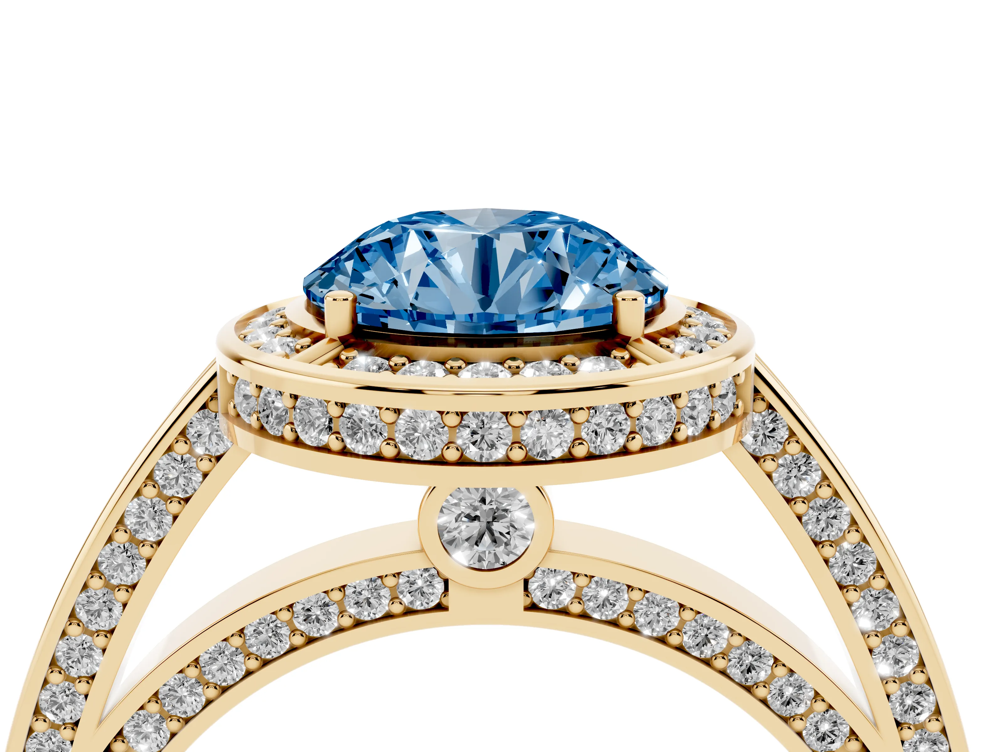 Fancy Blue Round Cut Diamond Halo Pavé Split Shank Ring Set in Yellow gold with Prong Setting