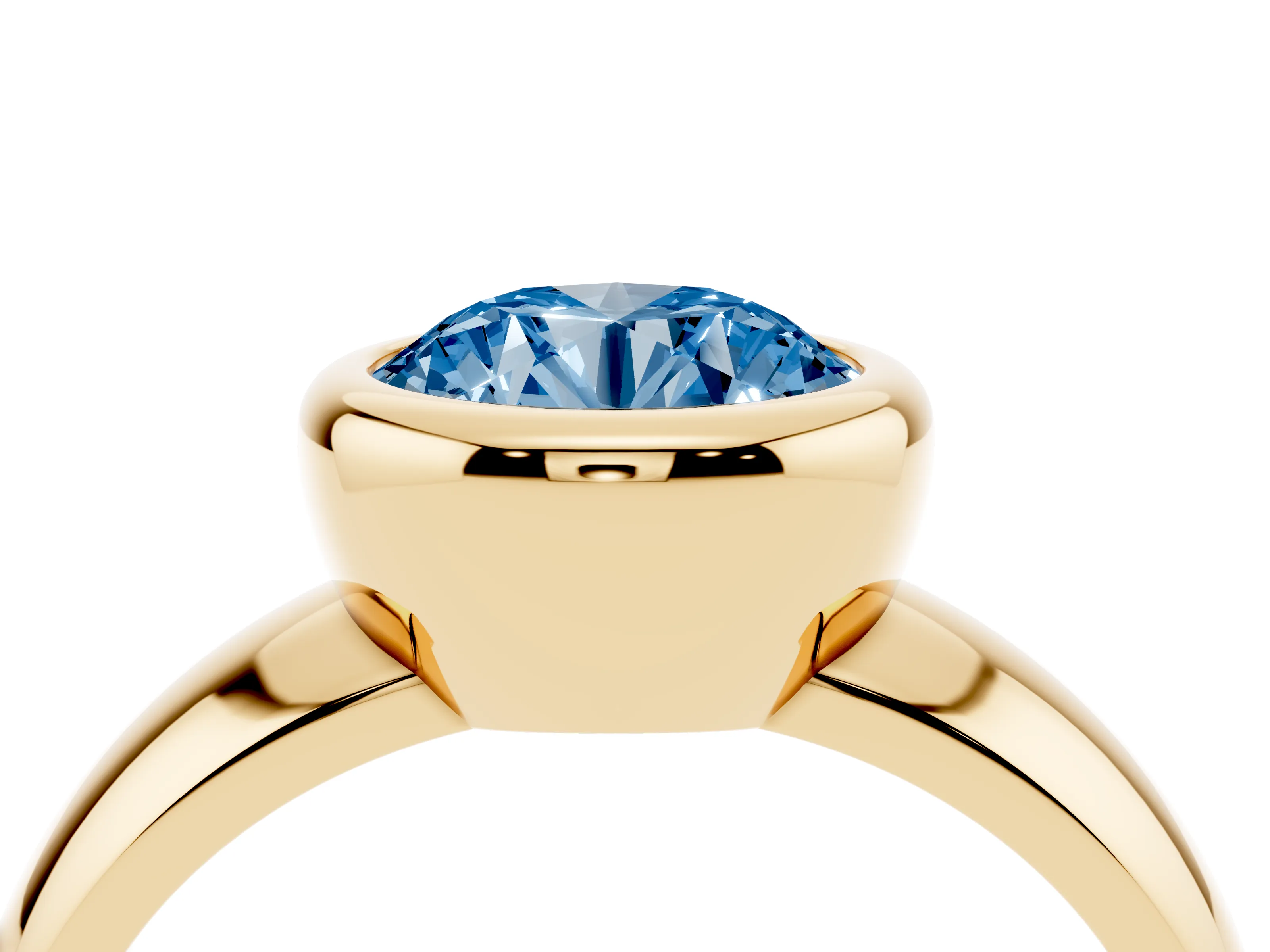 Fancy Blue Bezel Set Round Cut Diamond Solitaire Ring Set in Yellow gold with Wide Band
