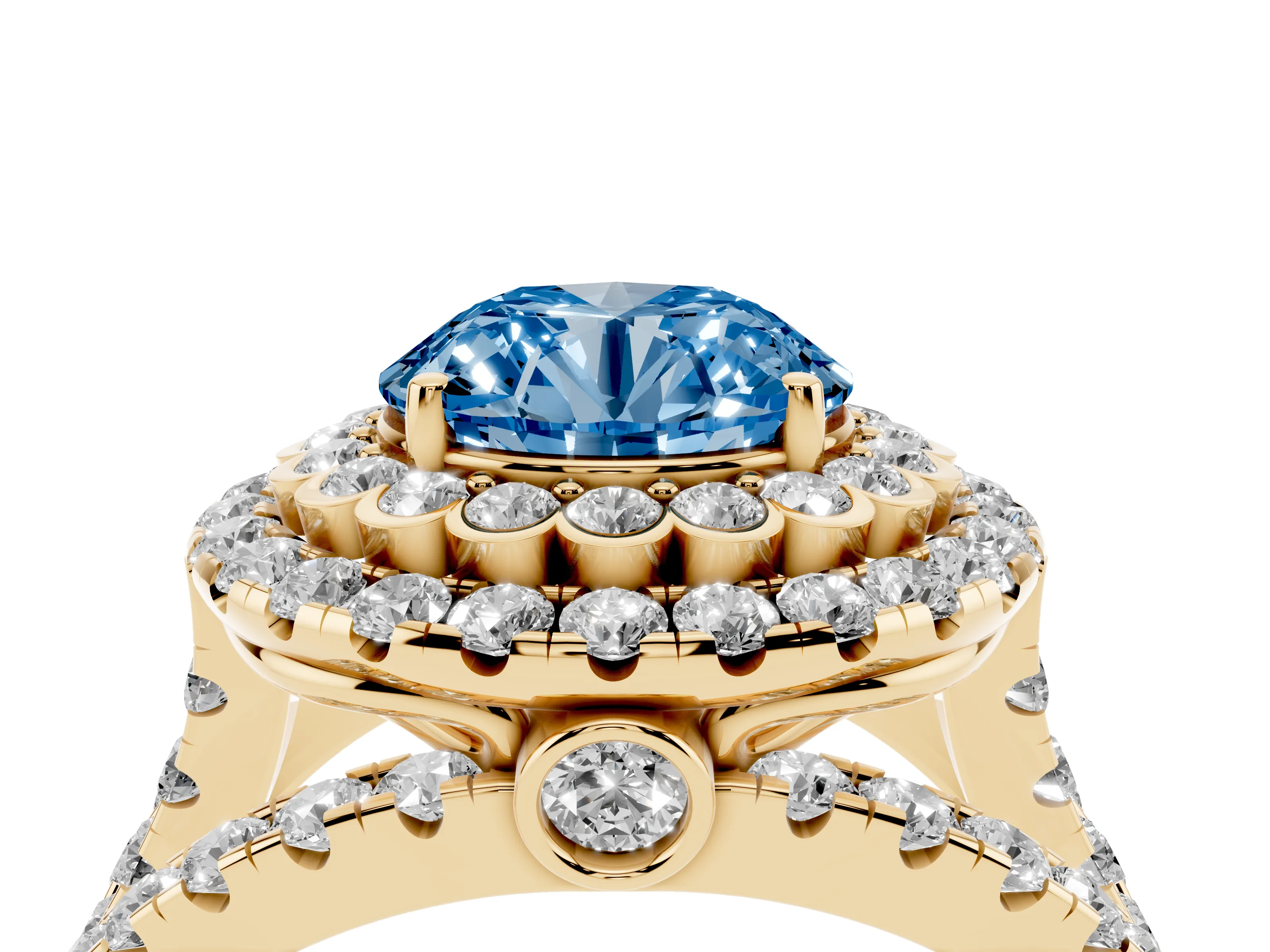 Fancy Blue Round Cut Diamond Double Halo Ring Set in Yellow gold with Round Pavé Split Shank