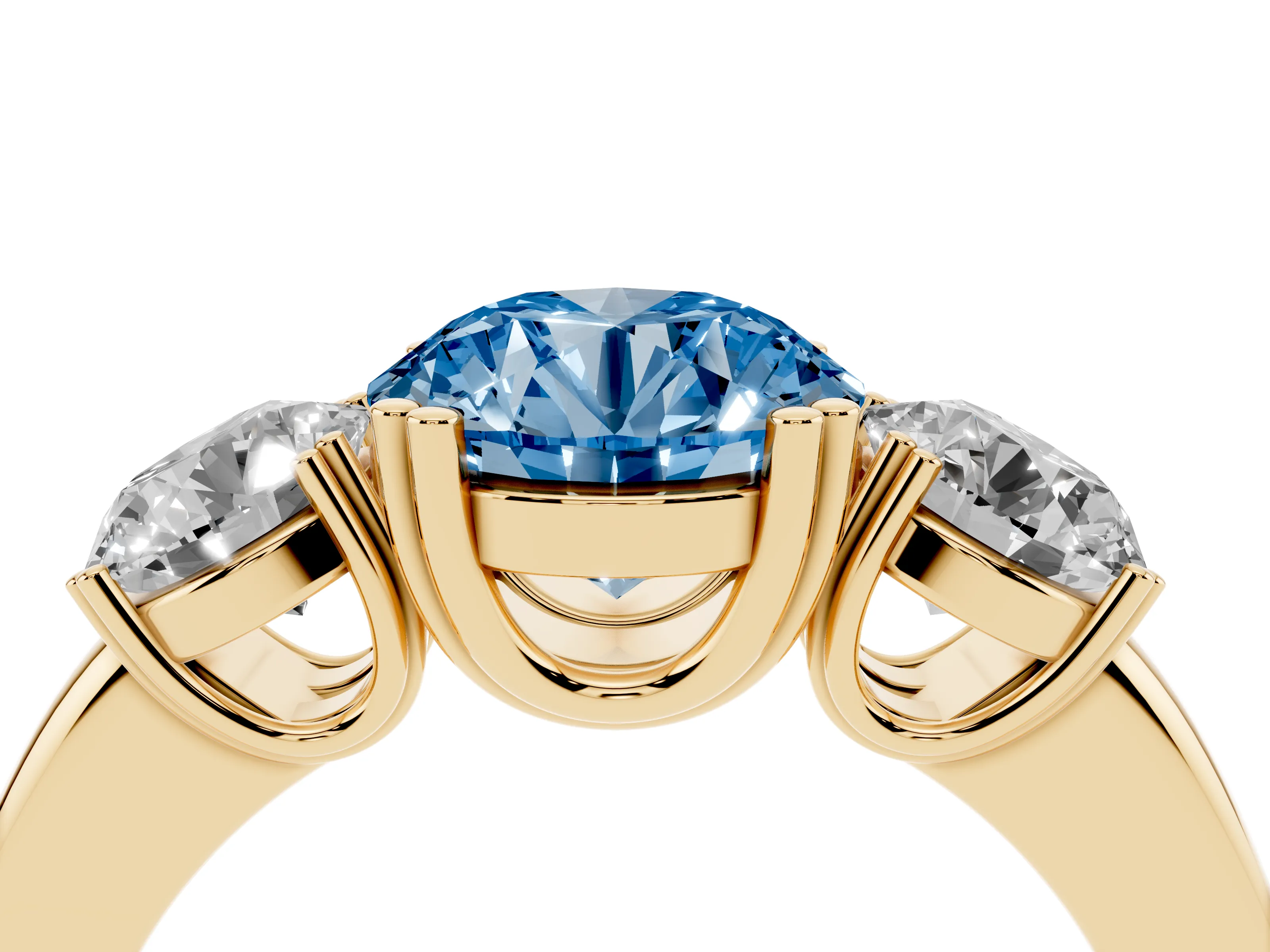 Fancy Blue Round Cut Diamond Three-Stone Ring Set in Yellow gold with Polished Channel-Set Band