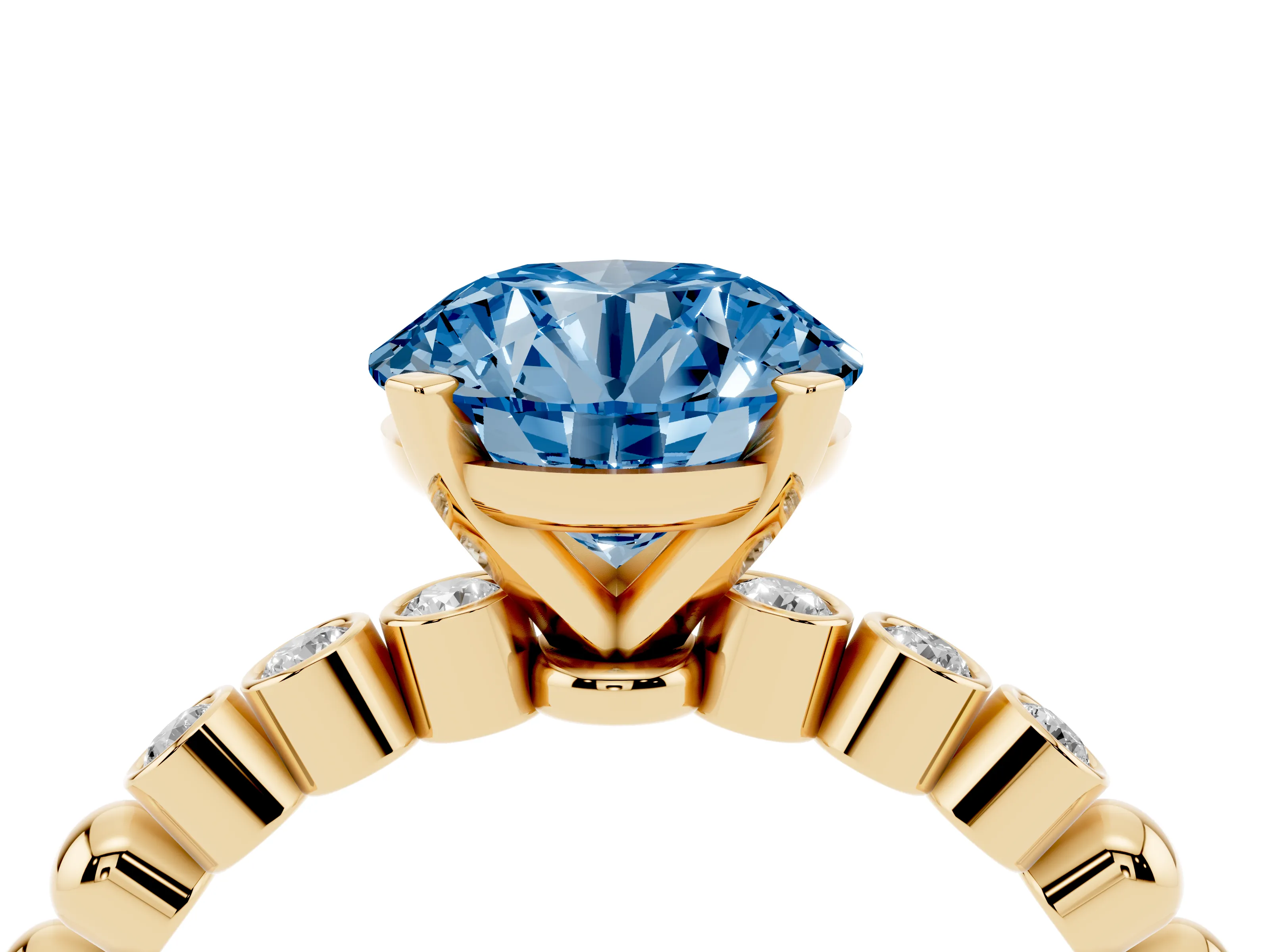 Fancy Blue Round Cut Diamond Solitaire Engagement Ring Set in Yellow gold with Bezel Accents on Beaded Band