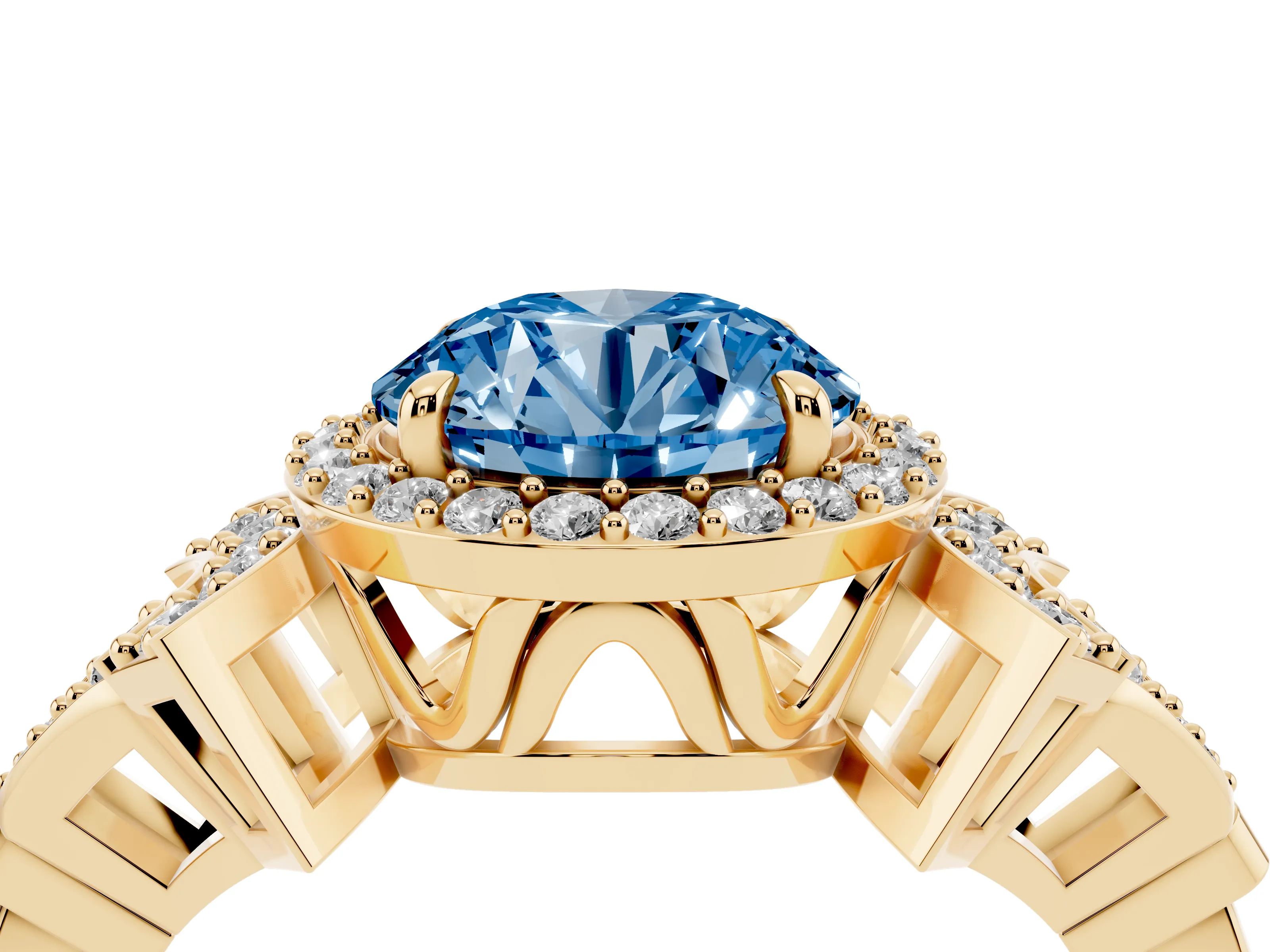 Fancy Blue Round Cut Diamond Halo Engagement Ring Set in Yellow gold with Accent Stone Split Shank