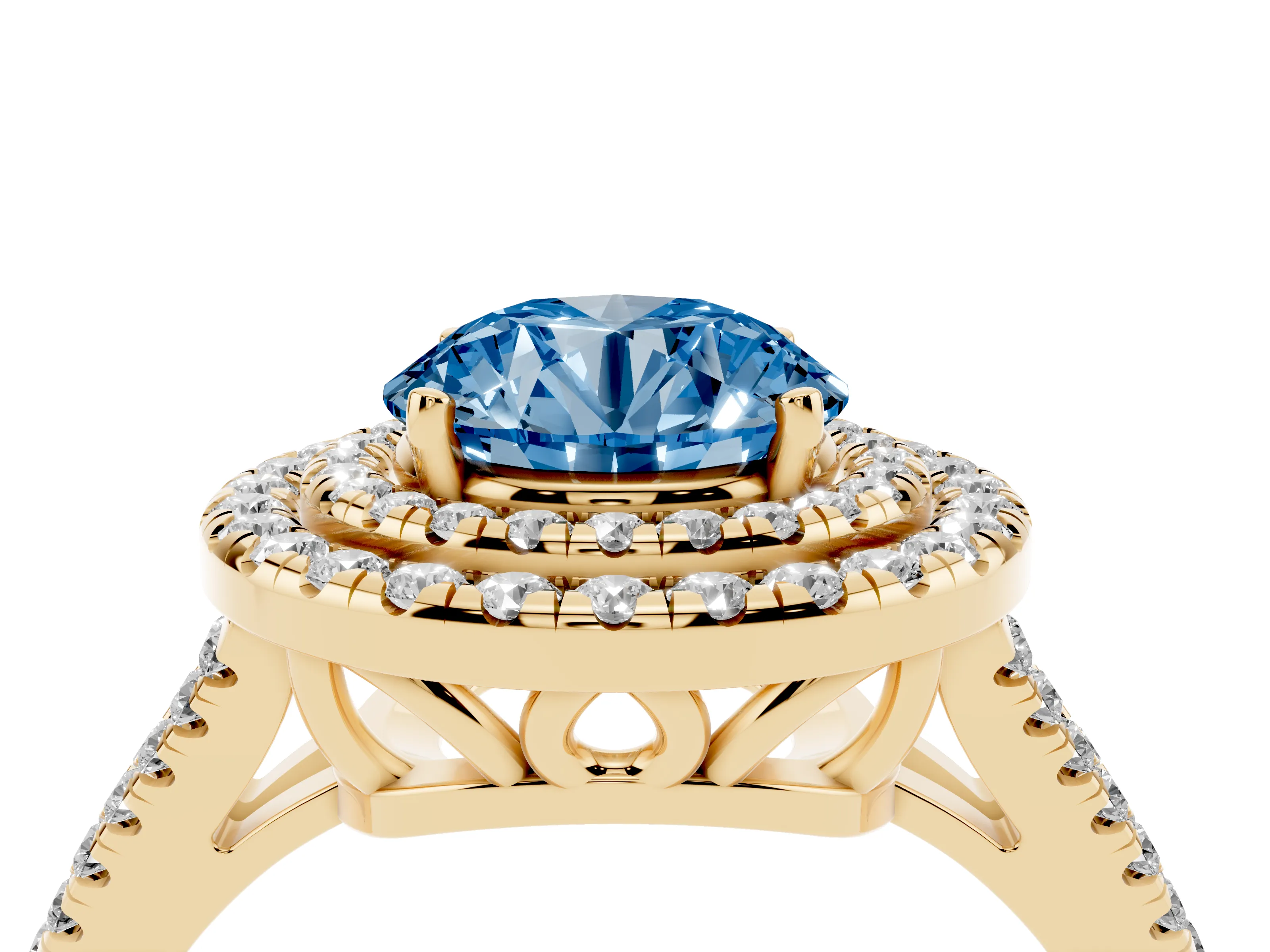 Fancy Blue Round Cut Diamond Double Halo Ring Set in Yellow gold with Pavé Band